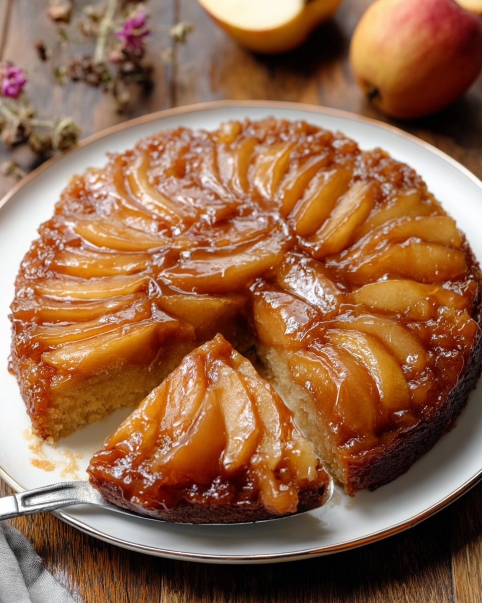 The image shows a round upside-down apple cake on a white plate. The cake has a top layer made of thin golden-brown apple slices arranged in a circular pattern, covered with a shiny caramel glaze that looks sticky and smooth. The cake layer beneath is light brown and soft in texture, with one slice being lifted by a silver spatula, revealing a moist inside. The plate sits on a wooden surface, and there are parts of apples and some small flowers slightly blurred in the background. photo taken with an iphone --ar 4:5 --v 7