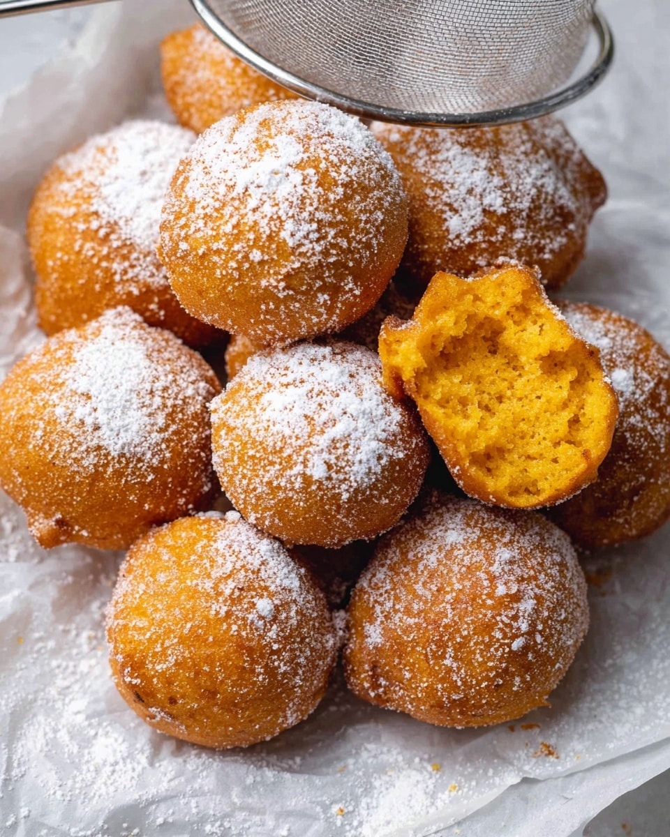 The image shows a close-up of golden brown round fritters, some dusted lightly with white powdered sugar. There are about ten fritters piled together on a sheet of white paper over a white marbled surface. One fritter is broken in half, revealing a soft orange-yellow inside with a spongy texture. Above the fritters is a small metal sieve resting, also dusted lightly with powdered sugar. The fritters have a slightly rough, crunchy-looking outer layer with fine sugar grains visible. photo taken with an iphone --ar 4:5 --v 7