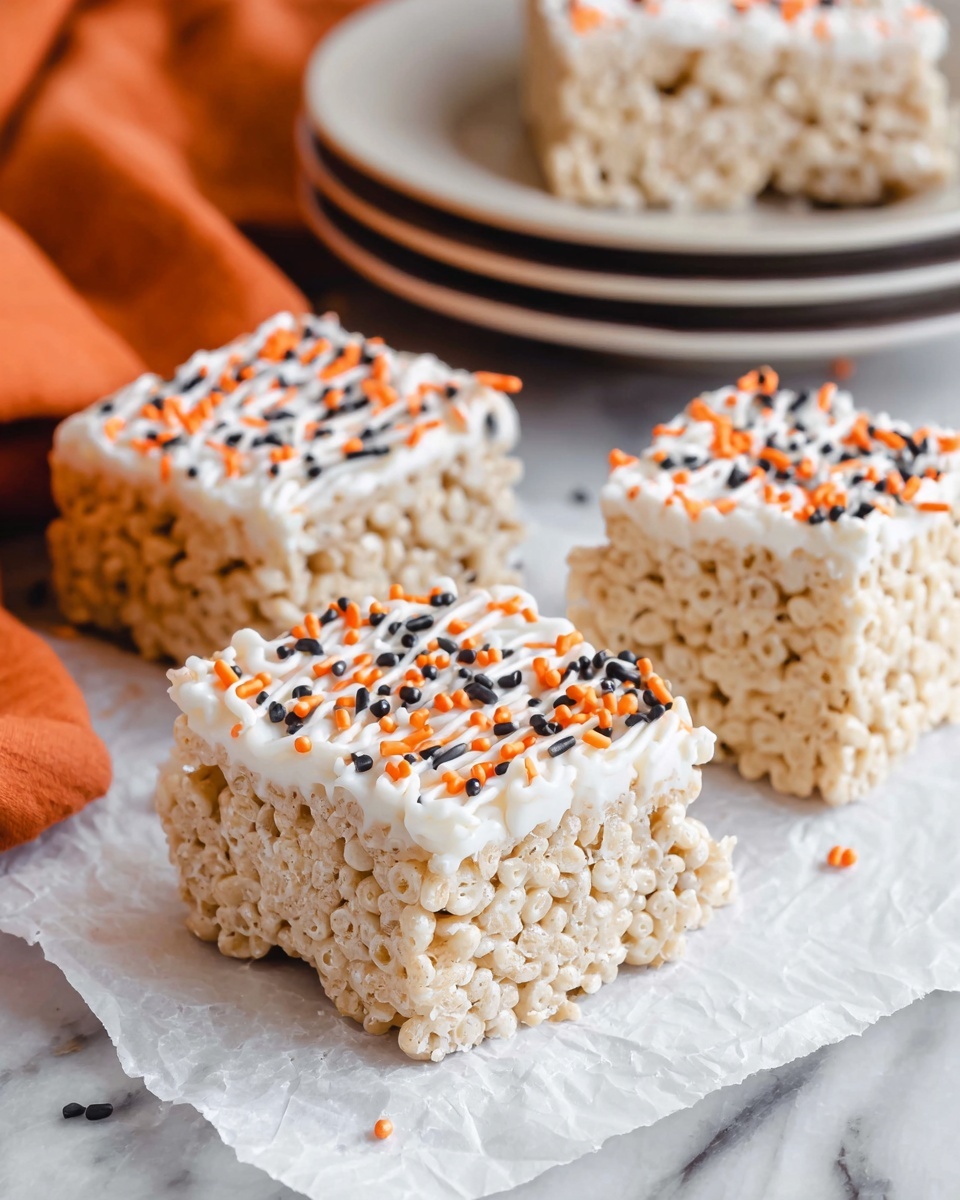 A square rice crispy treat with a light golden brown base made of puffed rice cereal and marshmallows sits on a white plate on a white marbled surface. The top layer is a smooth, white frosting covered with orange, black, and white sprinkles scattered evenly. A woman's hand is gently holding the treat at the front left corner of the plate. In the background, two more rice crispy treats on white plates are slightly out of focus. Some sprinkles are loose on the plate and marbled surface around the treat. Photo taken with an iphone --ar 4:5 --v 7