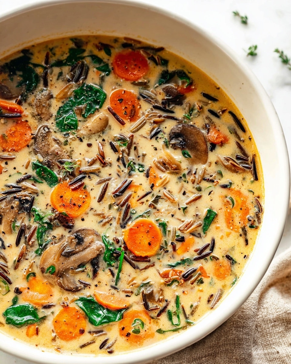 A white bowl holds a creamy soup filled with three main layers: bright orange chunks of sweet potato, soft brown slices of mushrooms, and small dark grains of wild rice mixed evenly throughout. Scattered green spinach leaves add a fresh look, and the soup is topped with a sprinkling of black pepper. A shiny metal spoon rests inside the bowl, which sits on a soft beige cloth, all placed on a white marbled surface. photo taken with an iphone --ar 4:5 --v 7
