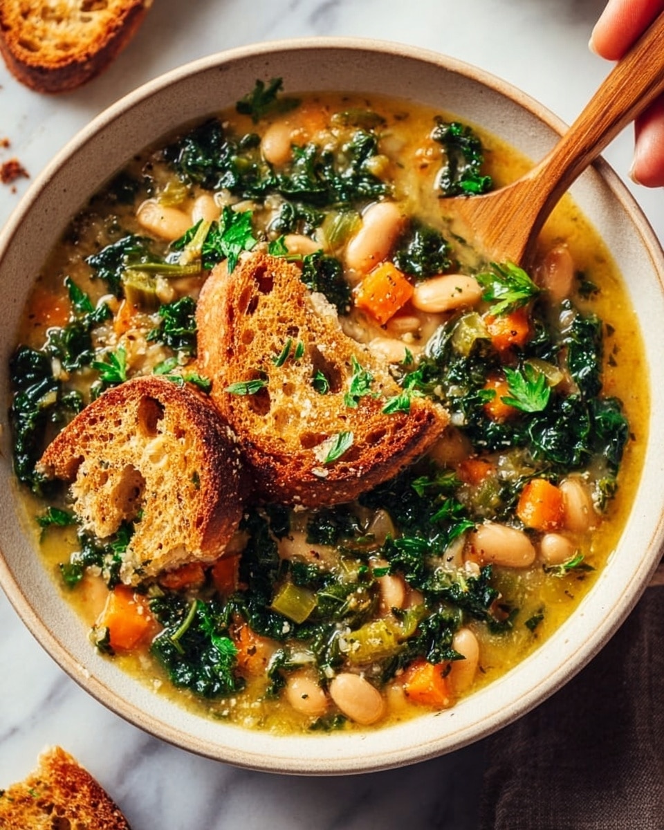 The image shows a deep white bowl filled with a thick soup that has many layers and colors. The base of the soup is light yellow with soft texture, mixed with bright orange carrot pieces and light green celery bits. On top of the soup, there are white beans and dark green leafy kale pieces spread evenly. There are also several pieces of toasted bread with a rough, crunchy texture sitting on the soup, with some parsley leaves for a fresh green touch. The bowl is placed on a white marbled surface with a woman’s hand holding a wooden spoon above the bowl. The overall look is warm and inviting. photo taken with an iphone --ar 4:5 --v 7