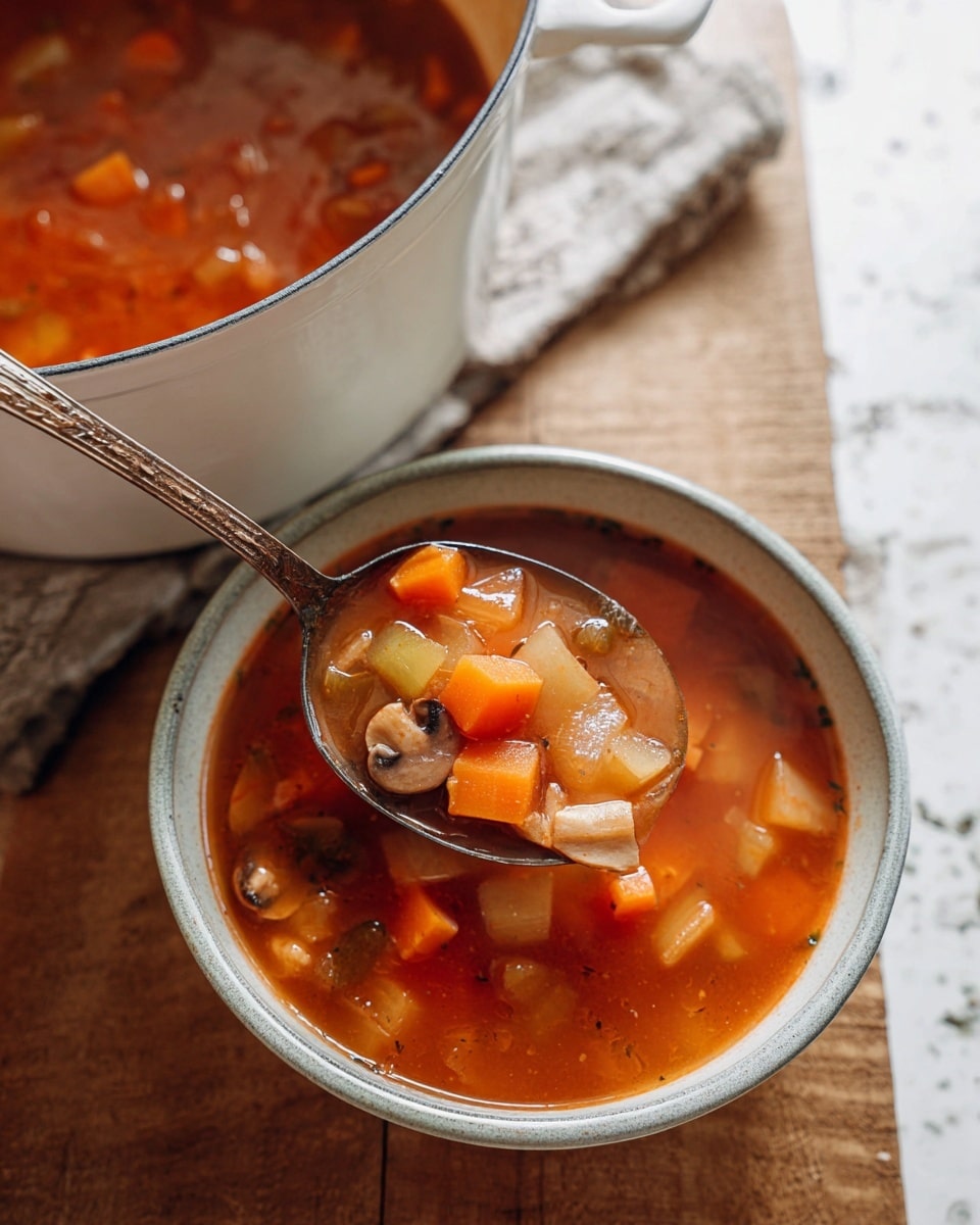 A bowl of vegetable soup sits on a wooden surface, filled with a rich, reddish-orange broth. Visible inside the soup are many chunky vegetable pieces, including orange carrot cubes, pale onion slices, and small brown mushroom pieces, all mixed within the liquid. Above the bowl, a vintage spoon holds a scoop of the soup showing the colorful vegetable chunks clearly. Behind the bowl is a white pot filled with more soup. The scene has a cozy, rustic feel with a white marbled texture surface. Photo taken with an iphone --ar 4:5 --v 7