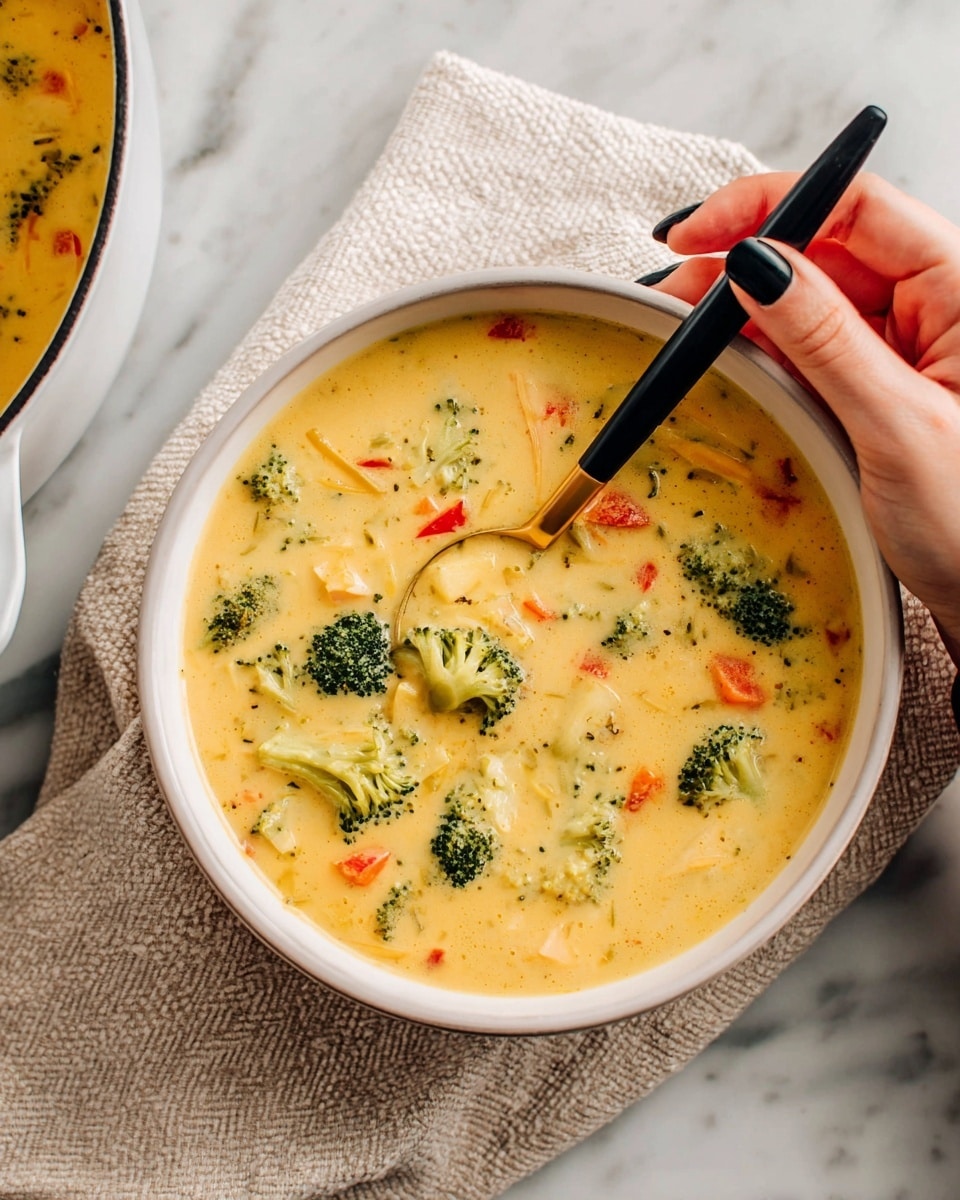 A large white pot filled with creamy yellow soup speckled with small pieces of green broccoli and orange carrot bits. The soup has a smooth texture with visible chunks of vegetables. A woman's hand with dark nail polish holds a black spoon, lifting a portion of the soup that shows bright green broccoli and a light yellow chunk, possibly potato or cheese. The pot sits on a white marbled surface with a subtle pattern. photo taken with an iphone --ar 4:5 --v 7