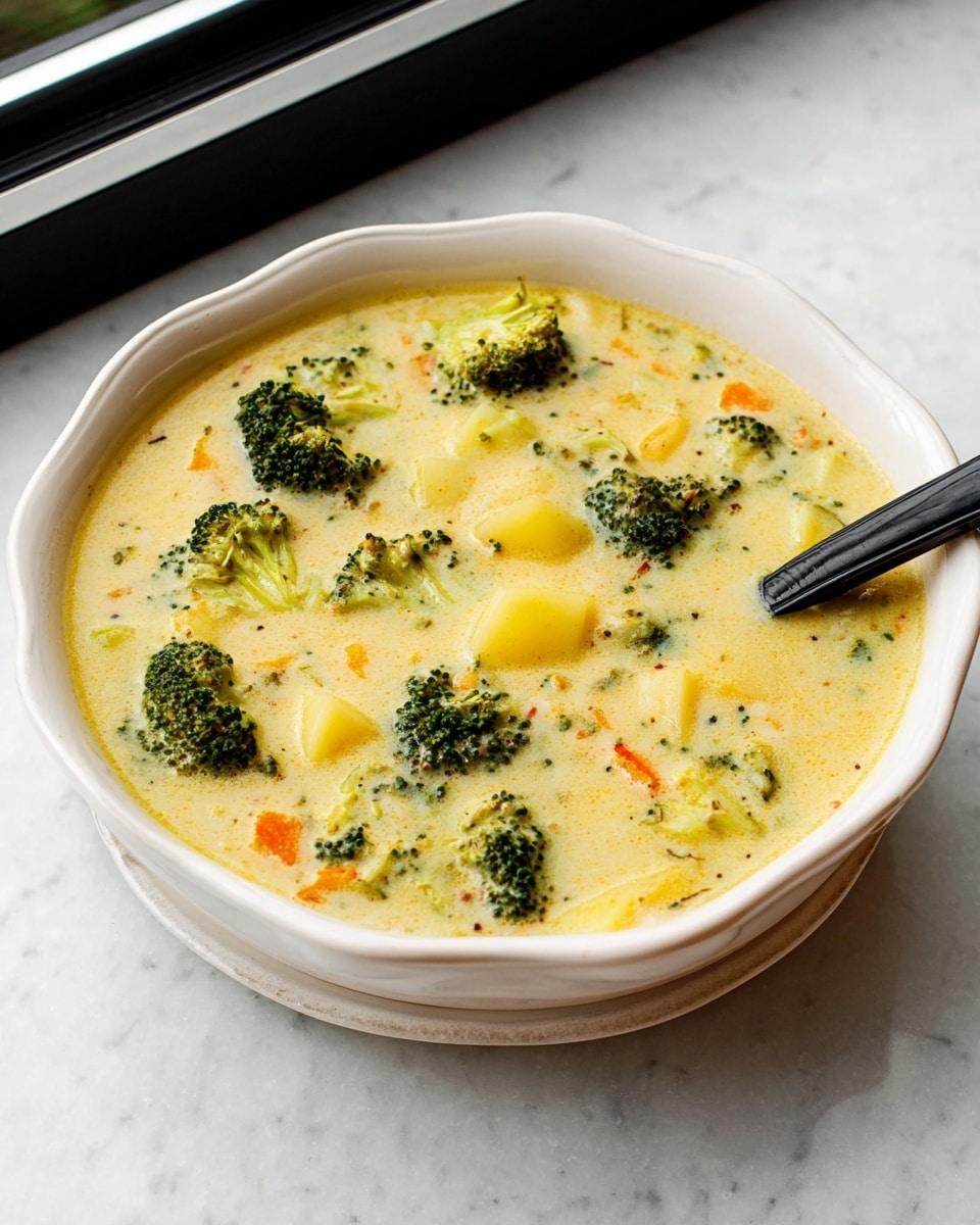 A creamy soup is served in a white bowl with a smooth scalloped edge, placed on a white marbled surface. The soup has a pale yellow base with visible small pieces of broccoli that are dark green and slightly textured, along with chunks of bright yellow potatoes. There are also tiny bits of orange and white vegetables scattered throughout. A black spoon rests inside the bowl. The background shows part of a black window frame. Photo taken with an iphone --ar 4:5 --v 7