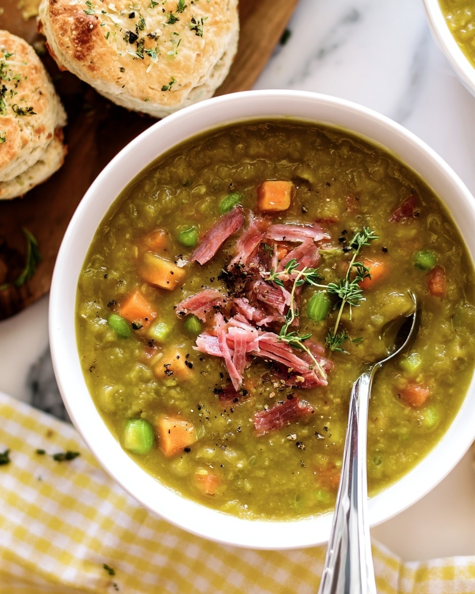 A white bowl filled with thick green split pea soup that has small orange carrot cubes and green herb pieces mixed in. On top, there are shredded pinkish-red meat pieces and a small sprig of fresh green thyme as garnish. A shiny silver spoon rests inside the bowl, with its handle extending over the bowl edge. The bowl is set on a white marbled surface, next to pieces of golden brown biscuits with sprinkled herbs on top, resting on a yellow and white checkered cloth. Photo taken with an iphone --ar 4:5 --v 7