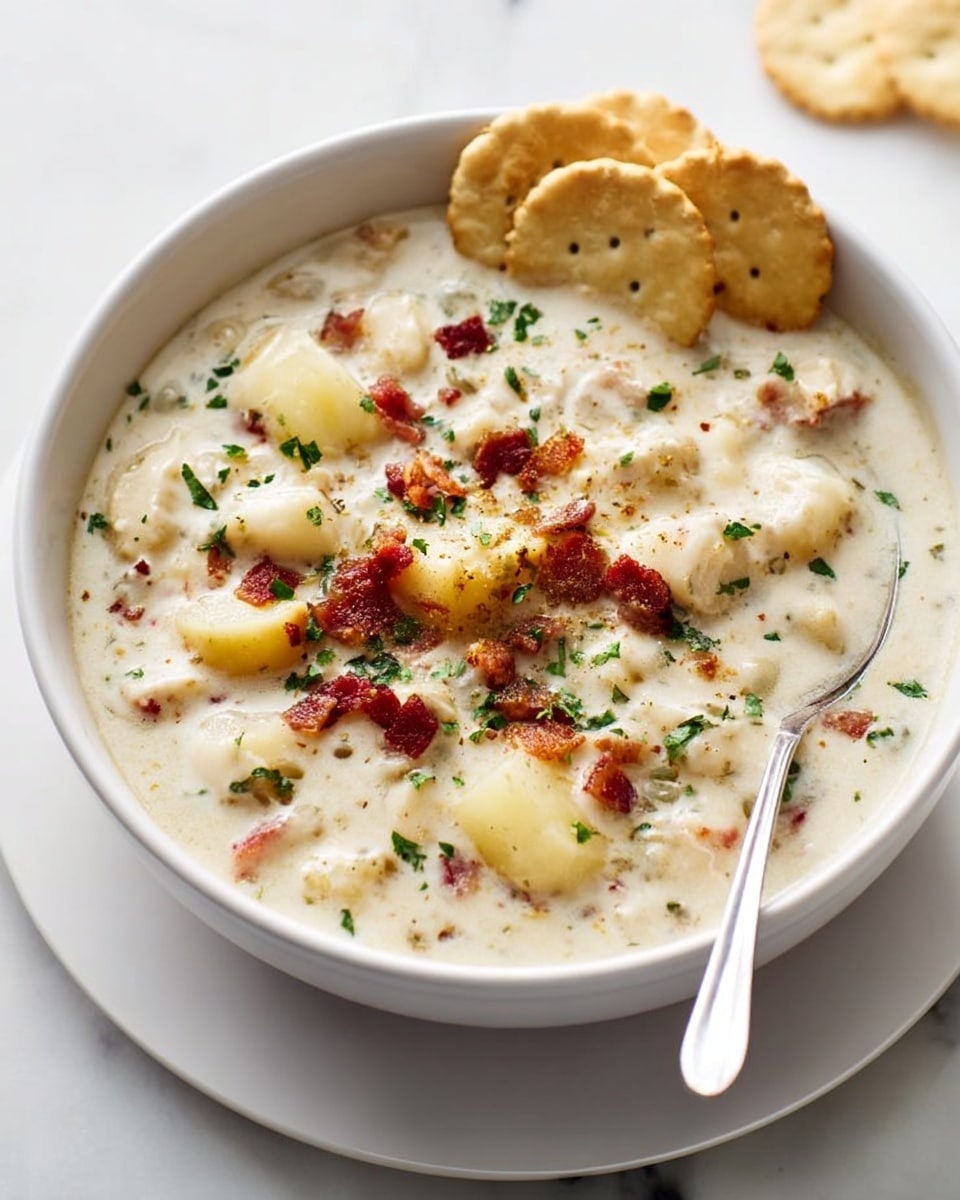 A close-up image of a thick creamy soup in a white pot with green handles, filled with chunky pieces of potato and bits of bacon scattered on top. The soup is pale beige in color with small green herbs sprinkled throughout. A shiny silver ladle is partially submerged on the right side of the pot, ready to serve. The pot sits on a white marbled surface with some round crackers visible in the top left corner. photo taken with an iphone --ar 4:5 --v 7