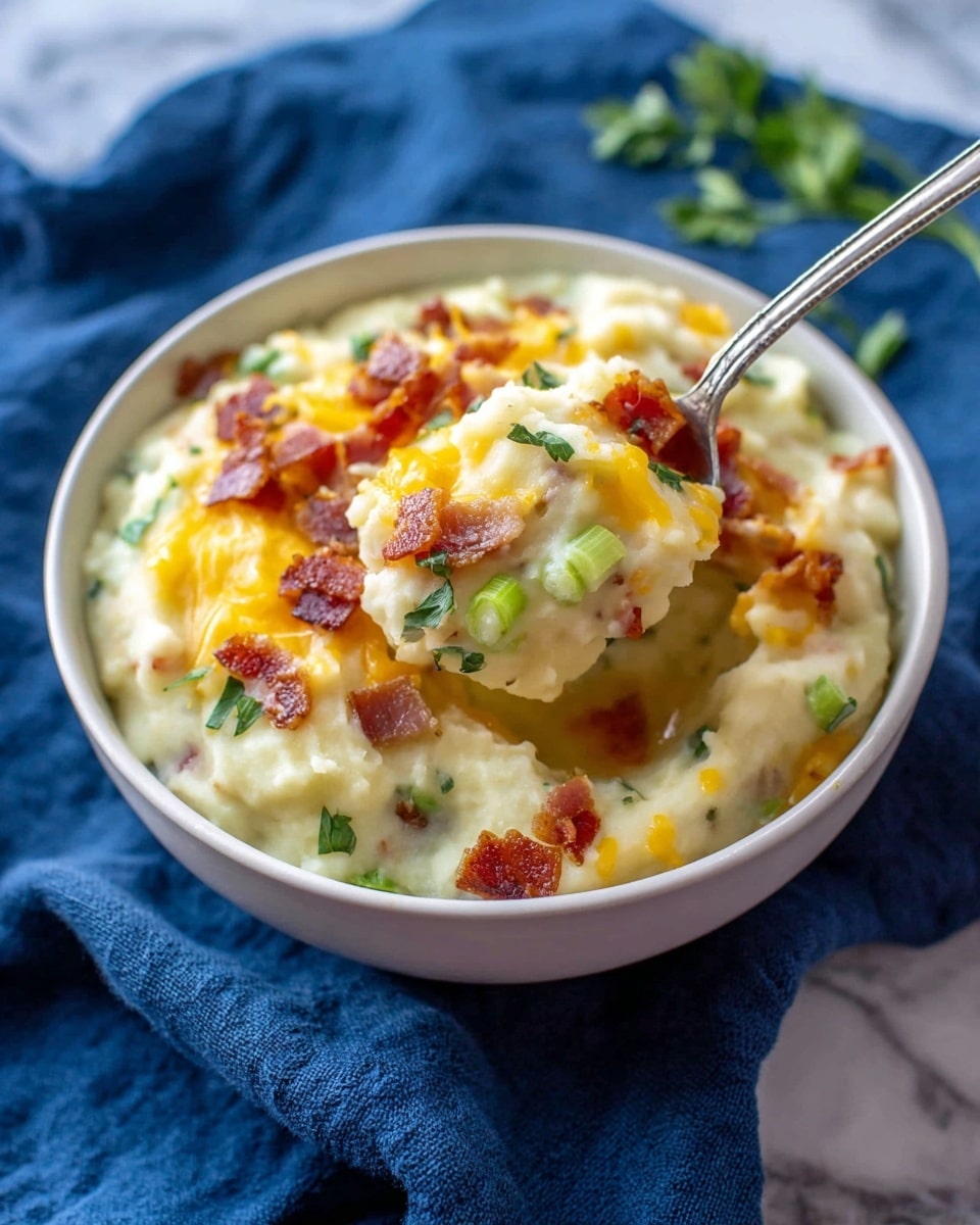A close-up view of a thick creamy potato soup served in a white bowl with rustic brown speckles on the rim. The soup has three visible layers: the base layer is a chunky pale yellow potato soup mixed with small green celery pieces; the middle layer is melted orange cheddar cheese spread over the center; and the top layer is small crispy brown bacon bits scattered on the cheese. A sprig of bright green parsley is placed on the side inside the bowl for garnish. The bowl sits on a soft blue cloth on a white marbled surface, with a few scattered parsley leaves around. Photo taken with an iphone --ar 4:5 --v 7