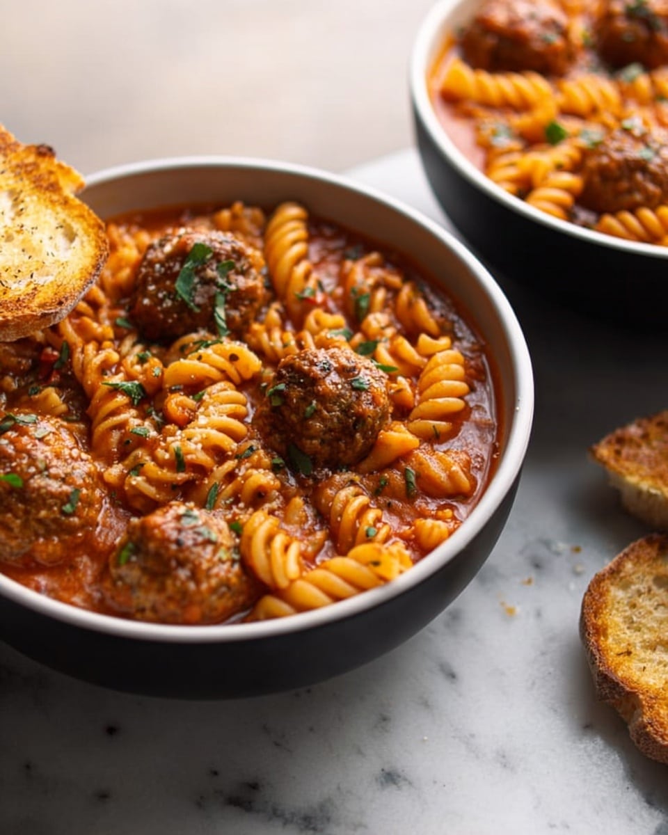Two white bowls filled with a rich tomato sauce, small round meatballs, and spiral pasta mixed together. The sauce is thick and red-orange, coating the meatballs and pasta evenly. The meatballs show a browned texture with visible herbs on top. Some small green herb leaves are sprinkled on the dish. The bowls sit on a white marbled surface, and a piece of toasted bread is on the side. In the background, there is another bowl similar to the first, slightly out of focus. The lighting is soft and warm, highlighting the texture of the sauce and pasta. Photo taken with an iphone --ar 4:5 --v 7