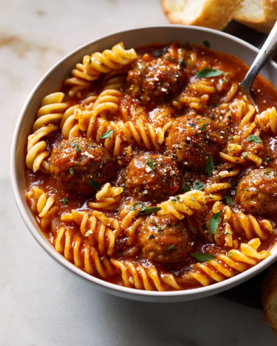 A white bowl filled with spiral pasta swirled in a thick red tomato sauce, mixed with several round, browned meatballs evenly spread across the top. The sauce has a slightly shiny texture, and the whole dish is sprinkled with small green herb leaves and a dusting of black pepper. The bowl sits on a white marbled surface with a soft-focused spoon partly visible nearby, and a piece of bread on the right side. The lighting highlights the warm colors and textures of the dish, making it look fresh and inviting photo taken with an iphone --ar 4:5 --v 7