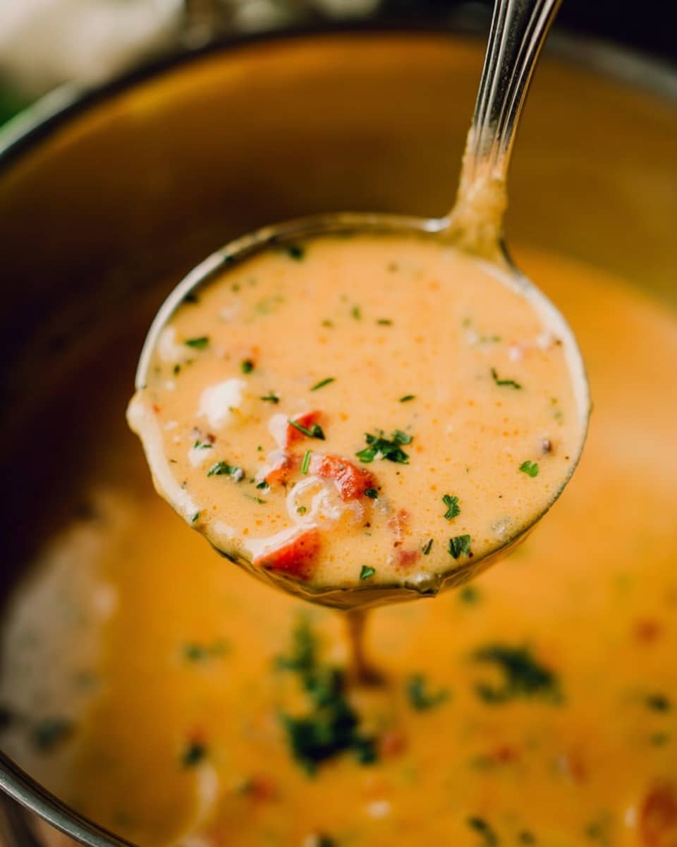 The image shows a close-up of a ladle lifting a thick, creamy soup from a pot. The soup is light orange in color with bits of red and white ingredients visible inside, giving it a rich texture. Small pieces of green herbs are sprinkled on top of the soup, adding color contrast. The background is softly blurred but shows more of the same soup inside the pot. The pot has a metallic color and the ladle has a shiny polished look with a long handle. photo taken with an iphone --ar 4:5 --v 7