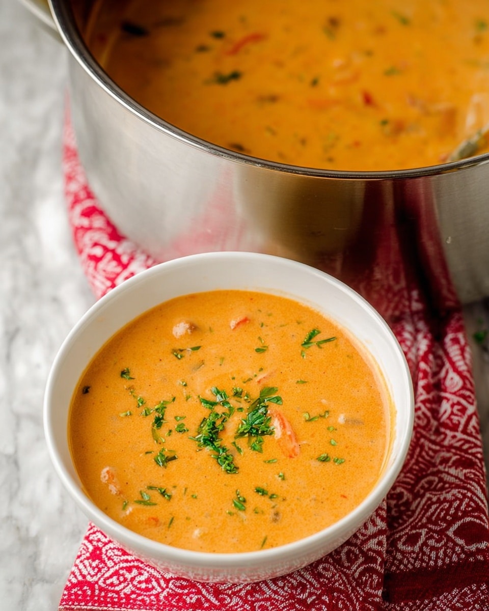 A close-up view of a smooth, creamy orange soup served in a white bowl, filled almost to the top with the soup that has small bits of vegetables visible inside. The soup is garnished with finely chopped fresh green herbs scattered in the center. Next to the bowl, a large stainless steel pot shows more of the same soup, reflecting light on its shiny surface. A red and white patterned cloth is placed under the pot, all on a white marbled texture surface. photo taken with an iphone --ar 4:5 --v 7