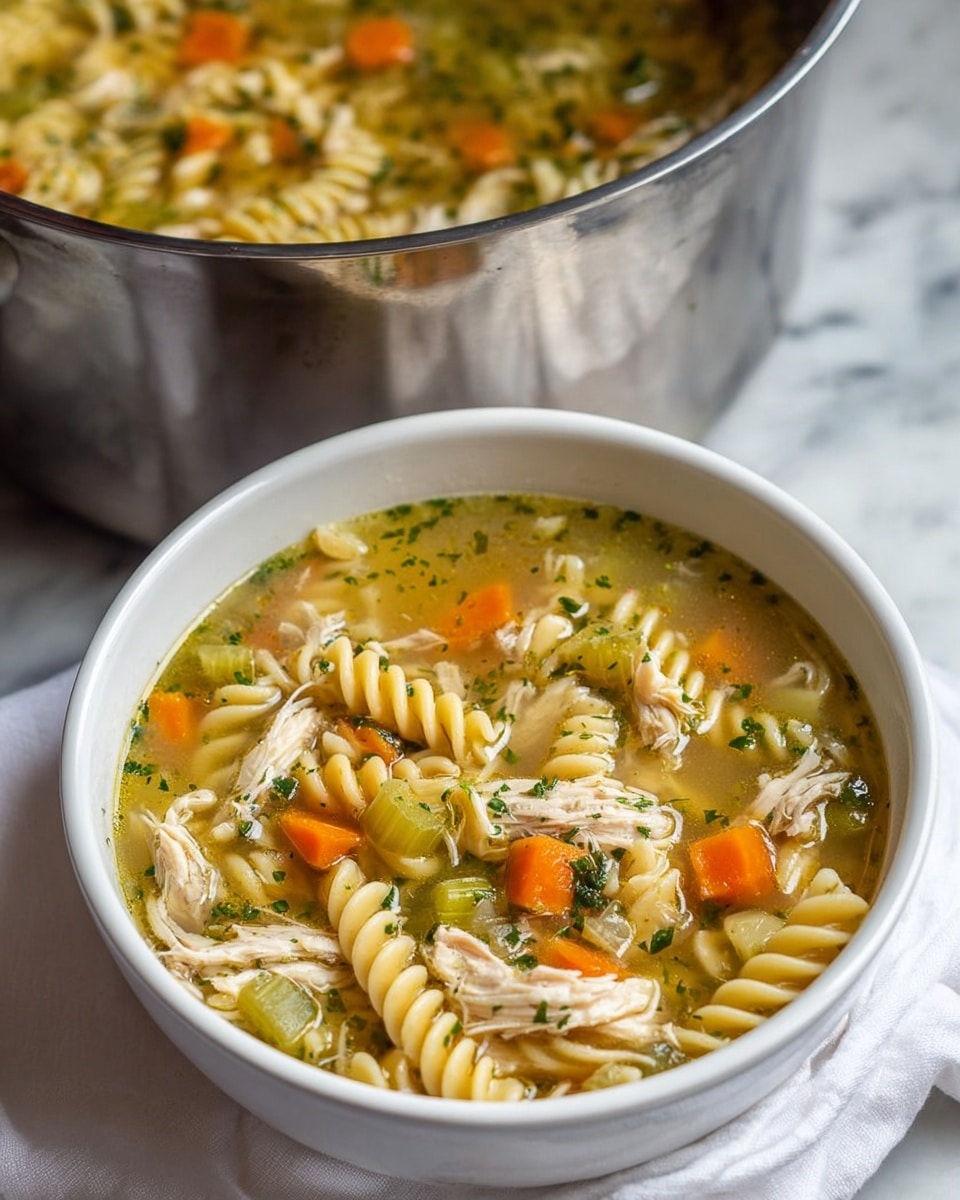 A white bowl filled with chicken noodle soup sits on a white marbled surface with a white and yellow-striped cloth beneath it. The soup has three main layers: the top layer has small pieces of orange carrot cubes scattered throughout, the middle layer consists of coiled light yellow fusilli pasta, and the bottom layer shows shredded light brown chicken mixed with small green celery chunks. The broth is clear and golden, with tiny green herb flakes sprinkled throughout. In the background, a metal pot filled with the same soup is slightly blurred. Photo taken with an iphone --ar 4:5 --v 7