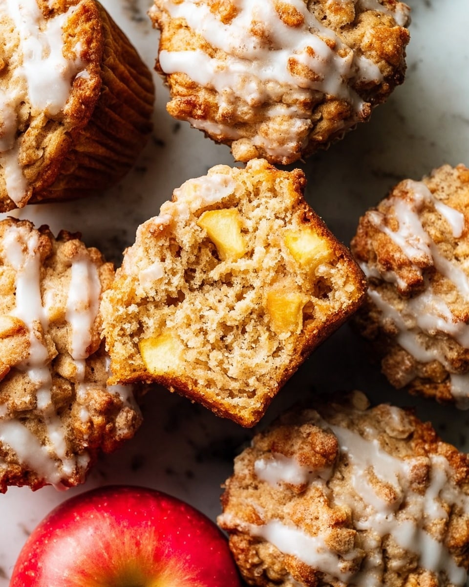 The image shows several crumbly muffins with a rough, golden-brown top layer and small chunks of yellow apple inside the soft, moist interior. Each muffin is drizzled with thin white icing that adds a smooth and shiny contrast to the crumbly texture. One muffin is broken, showing the dense and slightly crumbly inside with visible apple pieces. A red apple is placed near the muffins on a white marbled surface, adding a bright pop of color. The overall look is warm, textured, and inviting, focused mainly on the muffins with the apple as an accent. photo taken with an iphone --ar 4:5 --v 7