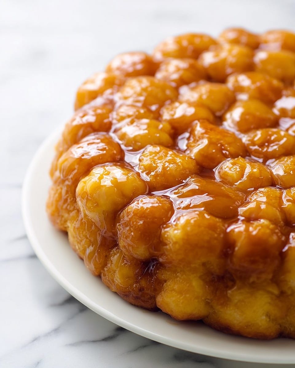 A close-up image of a round cake made of small, golden-brown dough pieces that are stuck together. The dough pieces have a shiny, sticky caramel glaze on top, making them glisten. The cake sits on a white plate, placed on a white marbled surface. The texture of the dough looks soft and slightly puffy, with the caramel glaze pooling a little between the dough pieces, giving the cake a rich, glossy finish. photo taken with an iphone --ar 4:5 --v 7