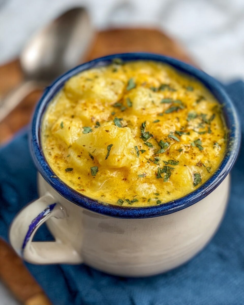 A close-up view of a textured yellow cheesy dish filled to the brim in a white mug with a blue handle and rim. The dish has small chunks of soft potato pieces mixed in and is topped with scattered green herbs, giving it an uneven, creamy surface. The mug is placed on a white marbled surface with a blue cloth underneath, and there is a blurred silver spoon in the background. photo taken with an iphone --ar 4:5 --v 7