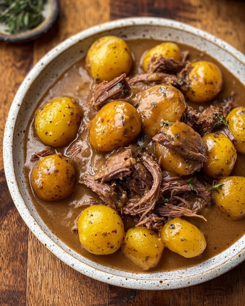 The image shows a white speckled bowl filled with cooked meat and small yellow potatoes. The bowl contains two main layers: the bottom layer has several chunks of dark brown, tender meat with a rough texture, and the top layer is covered with whole and halved small yellow potatoes that show a soft, crumbly inside with a slightly shiny, cooked skin. The bowl sits on a wooden surface with some green herbs and salt sprinkled nearby. The light highlights the moist texture of both the meat and potatoes, giving the dish a hearty, rustic look. Photo taken with an iphone --ar 4:5 --v 7