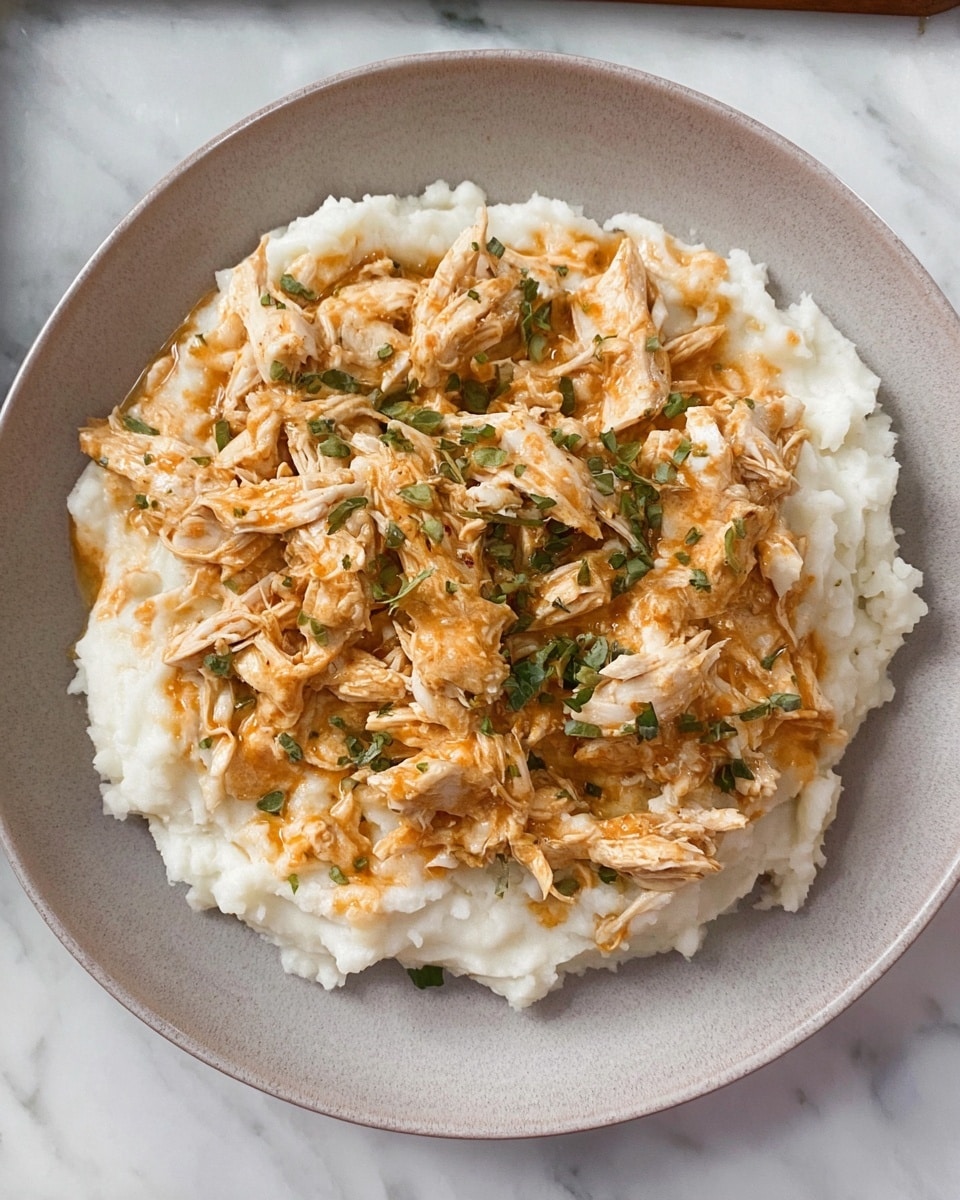 A white plate sits on a white marbled surface, filled with two layers. The bottom layer is smooth, creamy mashed potatoes, pure white and spread evenly in a round shape. On top is a generous pile of shredded light orange chicken mixed with a creamy sauce, giving it a soft texture. Small pieces of green herbs are sprinkled on the chicken, adding a touch of color. The dish looks warm and hearty, with the contrast between the white mash and the orange tinted chicken standing out clearly photo taken with an iphone --ar 4:5 --v 7