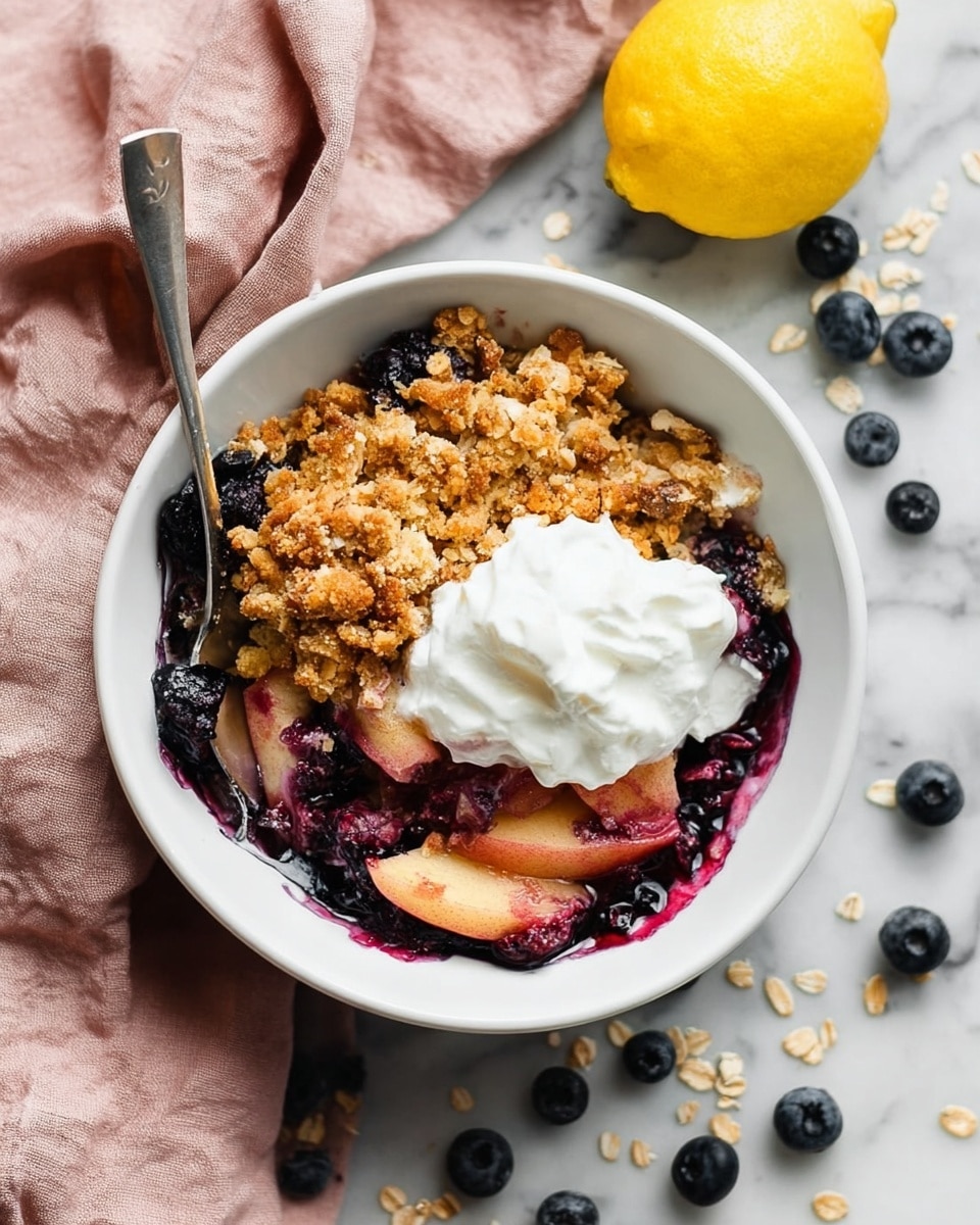 The image shows a white bowl with a layered dessert. The bottom layer has cooked blueberries and sliced pink apples with juice, adding a shiny, juicy texture. Above this is a crumbly oat topping that is golden brown with bits of oats visible, giving a crunchy look. On top of this, there is a dollop of white whipped cream with soft peaks. A silver spoon is resting inside the bowl, and the background is a white marbled texture. Photo taken with an iphone --ar 4:5 --v 7