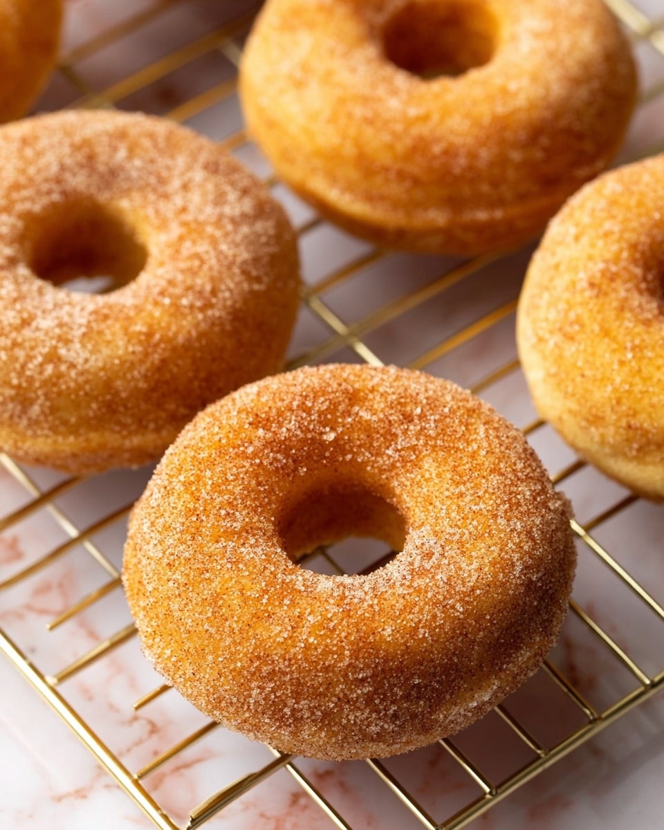 The image shows several round doughnuts with a light golden brown color, each covered in a fine layer of cinnamon sugar that sparkles slightly. The doughnuts have a smooth, soft texture and a central hole, arranged closely together on a cooling rack. The background and surface beneath the rack have a white marbled texture, adding a clean and simple look to the scene. Photo taken with an iphone --ar 4:5 --v 7