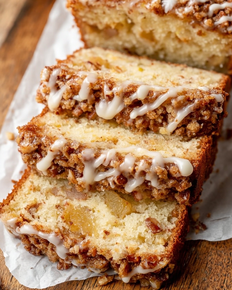 The image shows three thick slices of a soft, light tan cake with bits of light brown nuts and small apple pieces visible inside. The top of the cake is covered with a crunchy-looking mixture of chopped nuts and a light brown streusel, drizzled with thin white icing in a zigzag pattern. The cake slices are placed closely together on a piece of white parchment paper on a wooden surface. The texture of the cake looks moist and fluffy, with small air holes. photo taken with an iphone --ar 4:5 --v 7