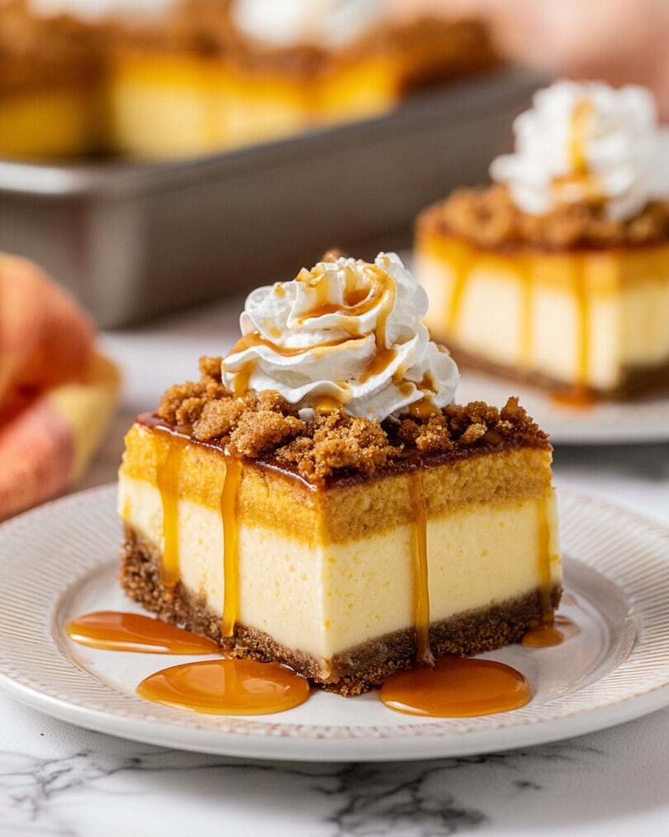 A slice of cheesecake is on a white plate, placed on a white marbled surface. The bottom layer is a dark brown crumbly crust, firm and solid. Above it is a thick, creamy off-white cheesecake layer with a smooth texture. On top, there is a crumbly brown streusel layer, rough and chunky. A dollop of white whipped cream sits on the streusel layer, with light caramel sauce drizzled over the cream and the top layers, some sauce spilling onto the plate. In the background, there is a blurred white dish and a small white bowl filled with caramel sauce, along with an orange and yellow autumn leaf decoration. Photo taken with an iphone --ar 4:5 --v 7