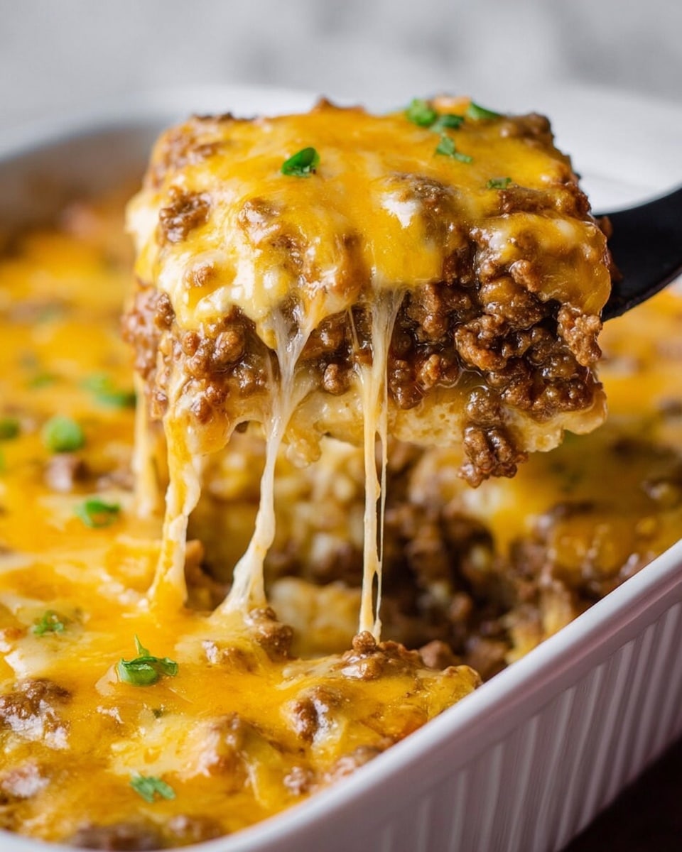 The dish in a white bowl shows a thick layer of melted yellow cheese mixed with browned ground meat and chunks of potatoes. A fork lifts a portion with strings of cheese stretching upwards, highlighting the gooey texture. There are small bits of green herbs scattered on top, adding color and freshness. In the background, some green beans rest against the cheesy mixture. The bowl sits on a wooden table with a white marbled surface behind it. photo taken with an iphone --ar 4:5 --v 7