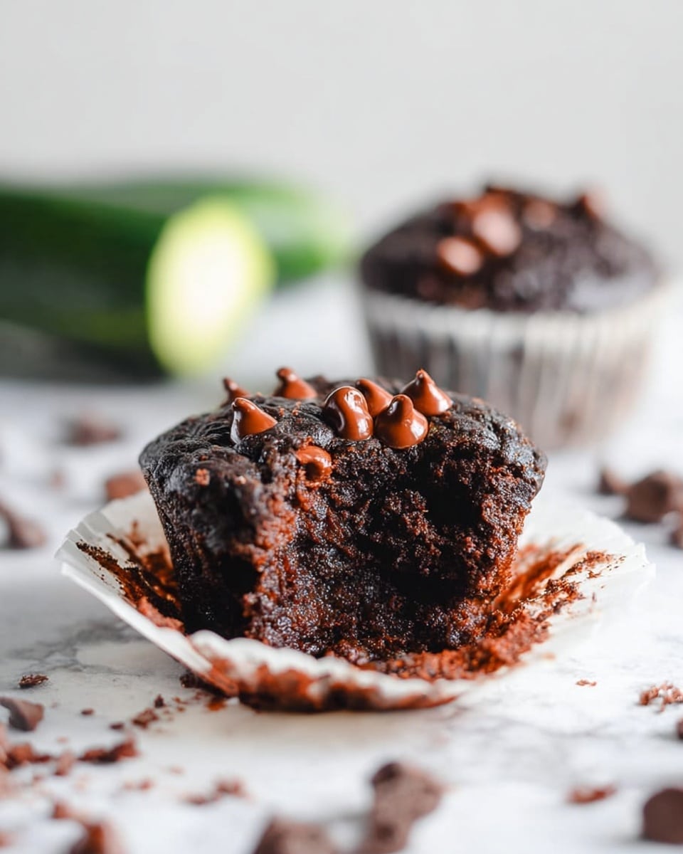 A close-up of two dark chocolate muffins stacked on a white lined paper cup, with the top muffin broken in half showing a moist, rich inside filled with melted chocolate chunks and small nut pieces. Smooth, glossy melted chocolate spreads on top with drips running down the sides. The muffins have a dense, textured surface with some crumbs scattered on the white marbled surface beneath. In the blurred background, there is a hint of green and more chocolate pieces scattered around. Photo taken with an iphone --ar 4:5 --v 7