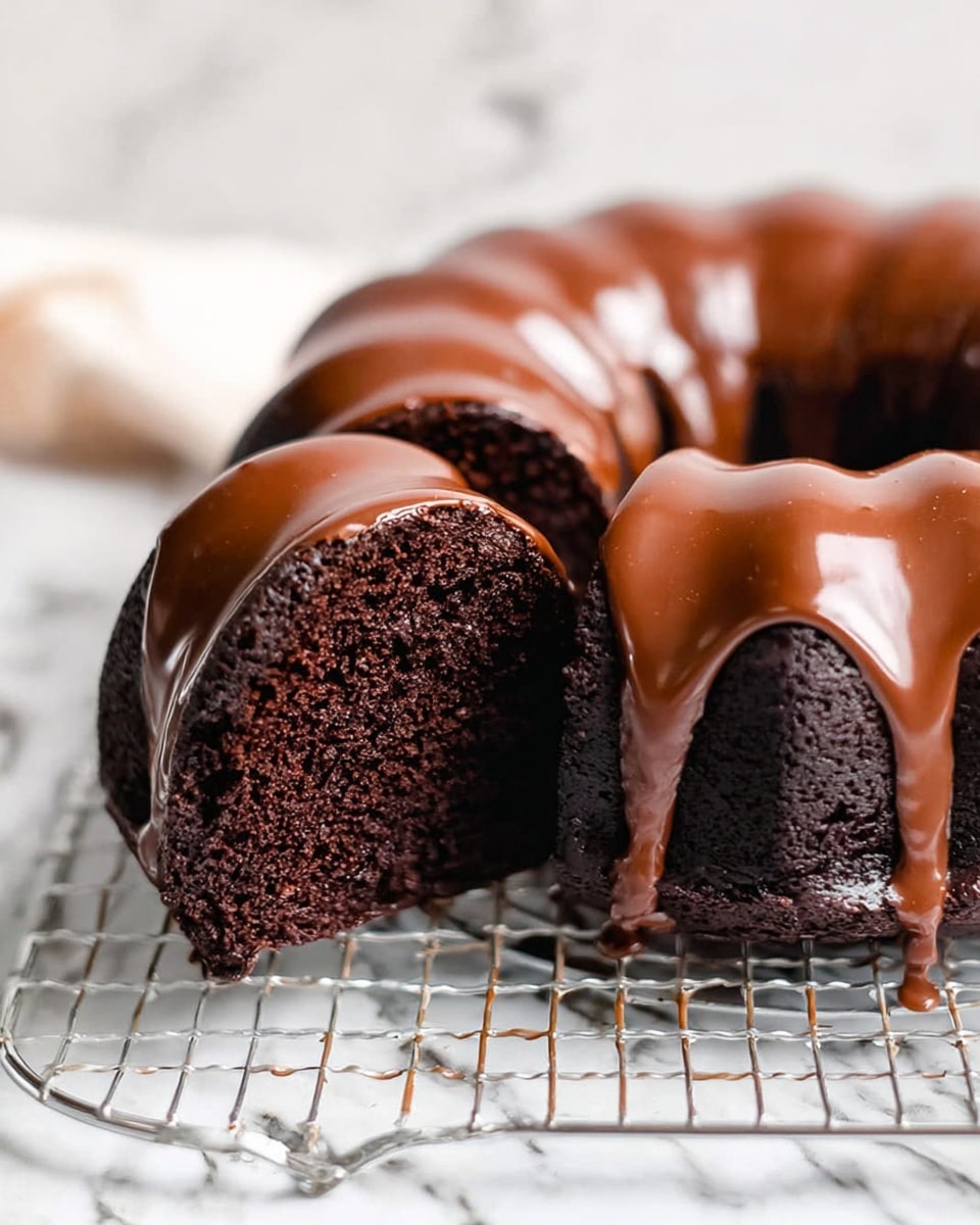 A dark, rich chocolate bundt cake sits on a white wire rack over a white marbled surface. The cake has one slice removed, showing its soft and moist inside texture. A thick layer of smooth, shiny milk chocolate glaze covers the top of the cake, dripping slightly down the sides in glossy streams. The whole scene looks cozy and inviting with the contrast of dark cake and light glaze. photo taken with an iphone --ar 4:5 --v 7