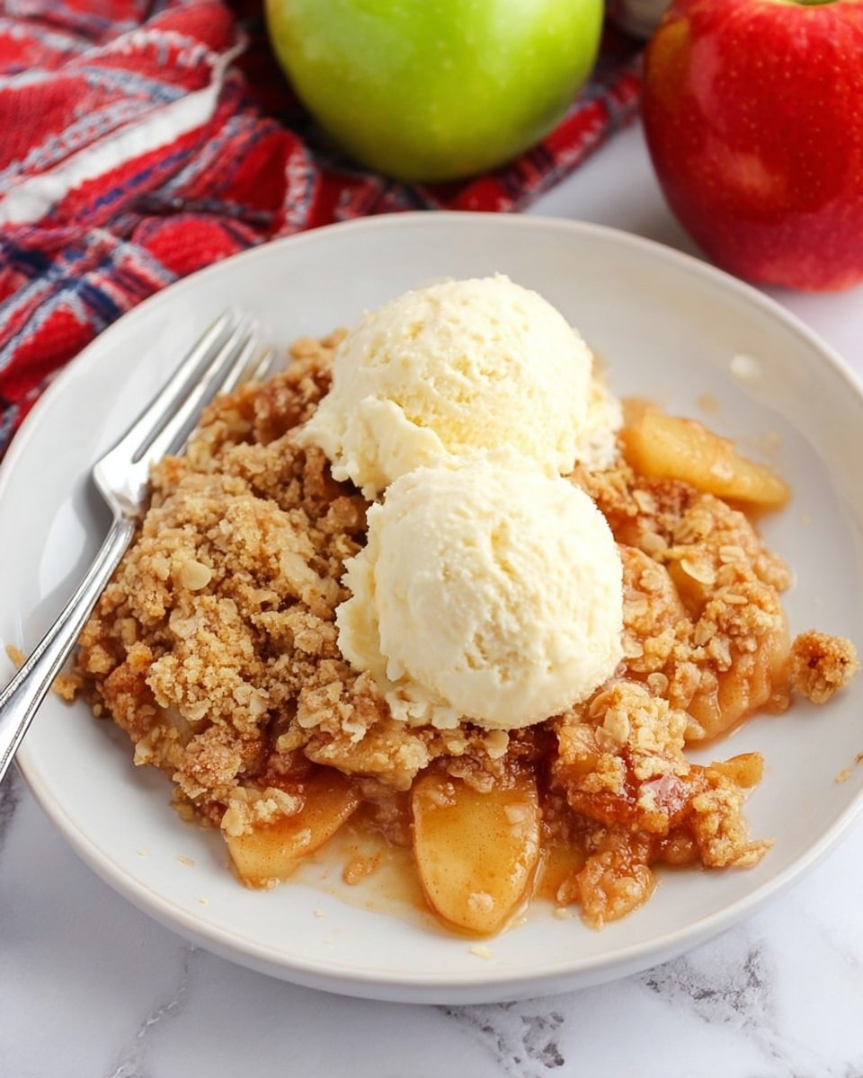 A plate of apple crisp dessert sits on a white marbled surface. The dish has two main layers: a golden-brown crumbly topping with a rough, crunchy texture and juicy, soft apple slices underneath that are light brown and slightly translucent. The crumb layer looks thick and uneven, covering the apple pieces but allowing some to show through. The white plate holding the apple crisp has a subtle pattern around the edge. In the background, there is a red baking dish partially visible and two whole apples, one shiny red and one green, adding color contrast. A red and white checkered cloth is also visible nearby. photo taken with an iphone --ar 4:5 --v 7