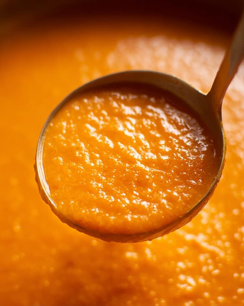 The image shows a close-up of a shiny silver ladle filled with thick, textured orange soup. The soup in the ladle has a smooth consistency with small bumps and is raised slightly above the ladle's edge. The background is filled with the same bright orange soup, creating a uniform look. The overall color palette is warm and rich with a focus on the bright orange tones. photo taken with an iphone --ar 4:5 --v 7