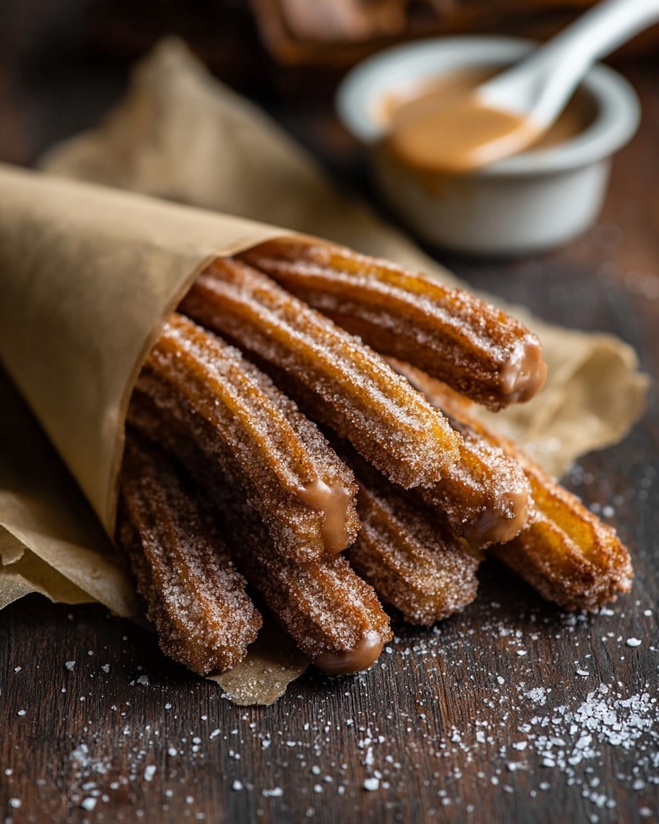 A set of eight churros with ridged surfaces lie slightly overlapping inside a light brown parchment paper cone. The churros have a golden-brown color and are covered in a layer of white granulated sugar that sparkles under the light. The cone rests on a dark wooden table with scattered sugar crystals around it. In the background, there is a blurred small white bowl filled with light brown dipping sauce, and a white wooden spoon holding some of the same sauce on a crumpled piece of parchment paper in the lower left corner. The overall composition places the churros in the center with a cozy and warm feel. Photo taken with an iphone --ar 4:5 --v 7