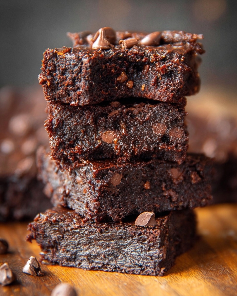 A stack of four thick, dark brown brownies with a moist, dense texture is shown. Each brownie layer has a rough surface with small chocolate chips on top and scattered inside, adding little bumps and shine. The top brownie has a slight uneven bite on the corner, showing gooey chocolate inside. The brownies are placed on a wooden surface with a blurred background. Photo taken with an iphone --ar 4:5 --v 7