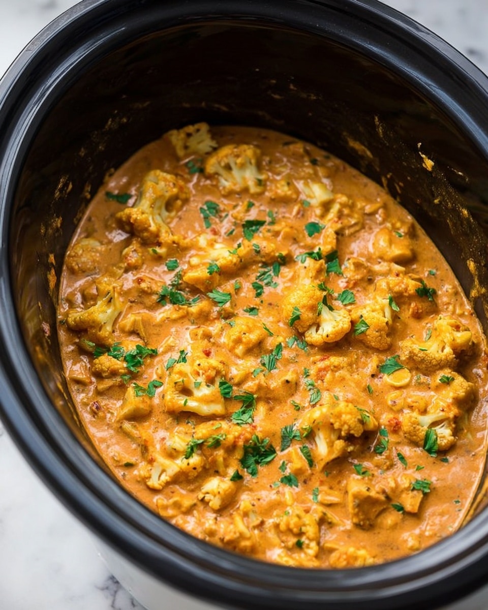 The image shows a black slow cooker filled with a creamy orange sauce with visible chunks of cooked cauliflower and other vegetables mixed evenly throughout. Small green parsley pieces are sprinkled on top, adding a fresh touch to the dish. The sauce has a smooth, thick texture that coats the ingredients well. The slow cooker sits on a white marbled surface, with the focus on the hearty, rich dish inside. photo taken with an iphone --ar 4:5 --v 7