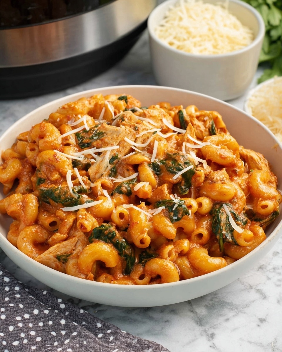 A close-up view of a bowl filled with creamy macaroni pasta mixed with spinach leaves and chunks of chicken, all coated in a rich, orange-colored tomato sauce, with thin strips of shredded cheese sprinkled on top. The bowl is white, sitting on a white marbled surface, with a white bowl full of shredded cheese and a gray cloth with white dots in the background. The overall look is warm and comforting, showing the textures of pasta, leafy spinach, and tender chicken pieces clearly. Photo taken with an iphone --ar 4:5 --v 7