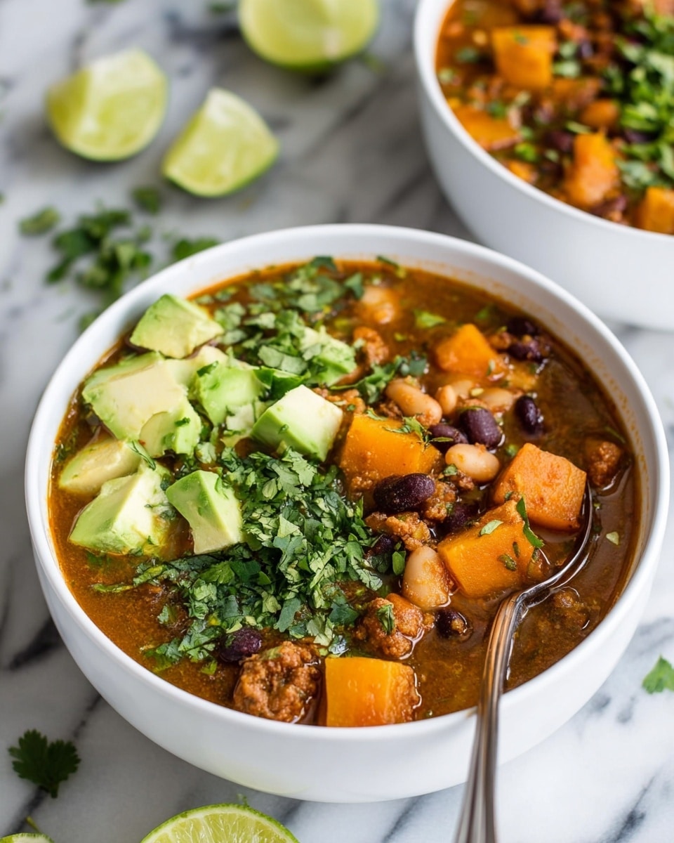 A white bowl filled with a thick soup containing orange chunks of squash, white and black beans, and small pieces of browned meat, topped with chopped green avocado and fresh green cilantro spread across the surface. Two thin, bright green lime wedges rest on the soup on the left side of the bowl. A silver spoon is partially placed inside the bowl on the right. In the background, a second white bowl with the same soup and toppings is partially shown. The bowls are sitting on a white marbled surface with scattered chopped cilantro and three lime wedges around. Photo taken with an iphone --ar 4:5 --v 7
