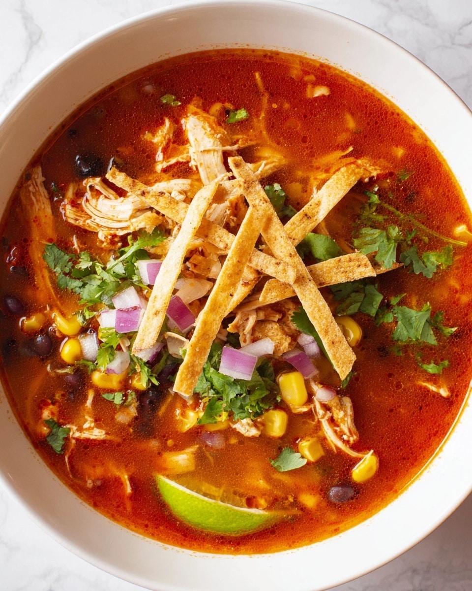 A large red pot filled with bright orange-red soup, filled with shredded chicken pieces and small chopped onions, garnished with fresh green cilantro leaves and a wedge of lime at the center, with some tortilla strips floating on top. The soup has a slightly thick texture with visible herbs and small bits of vegetables scattered throughout. A metal spoon is placed resting inside the pot on the right side. In the upper left corner, a white plate holds several folded tortilla strips. The pot sits on a white marbled surface with a light cloth underneath. Photo taken with an iphone --ar 4:5 --v 7