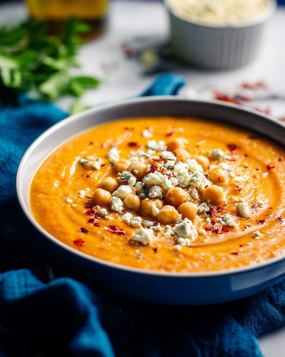 A bowl of thick orange soup fills most of the bowl with a smooth texture. On top, there is a layer of small round beige chickpeas scattered in the middle. Crumbled white cheese with blue veins is sprinkled over the chickpeas, adding texture and light contrast. Small red chili flakes are spread lightly over the cheese, adding tiny pops of red. The bowl is white and sits on a white marbled surface with a dark blue cloth partially under it. In the background, there is a blurred white container of cheese and green parsley. photo taken with an iphone --ar 4:5 --v 7