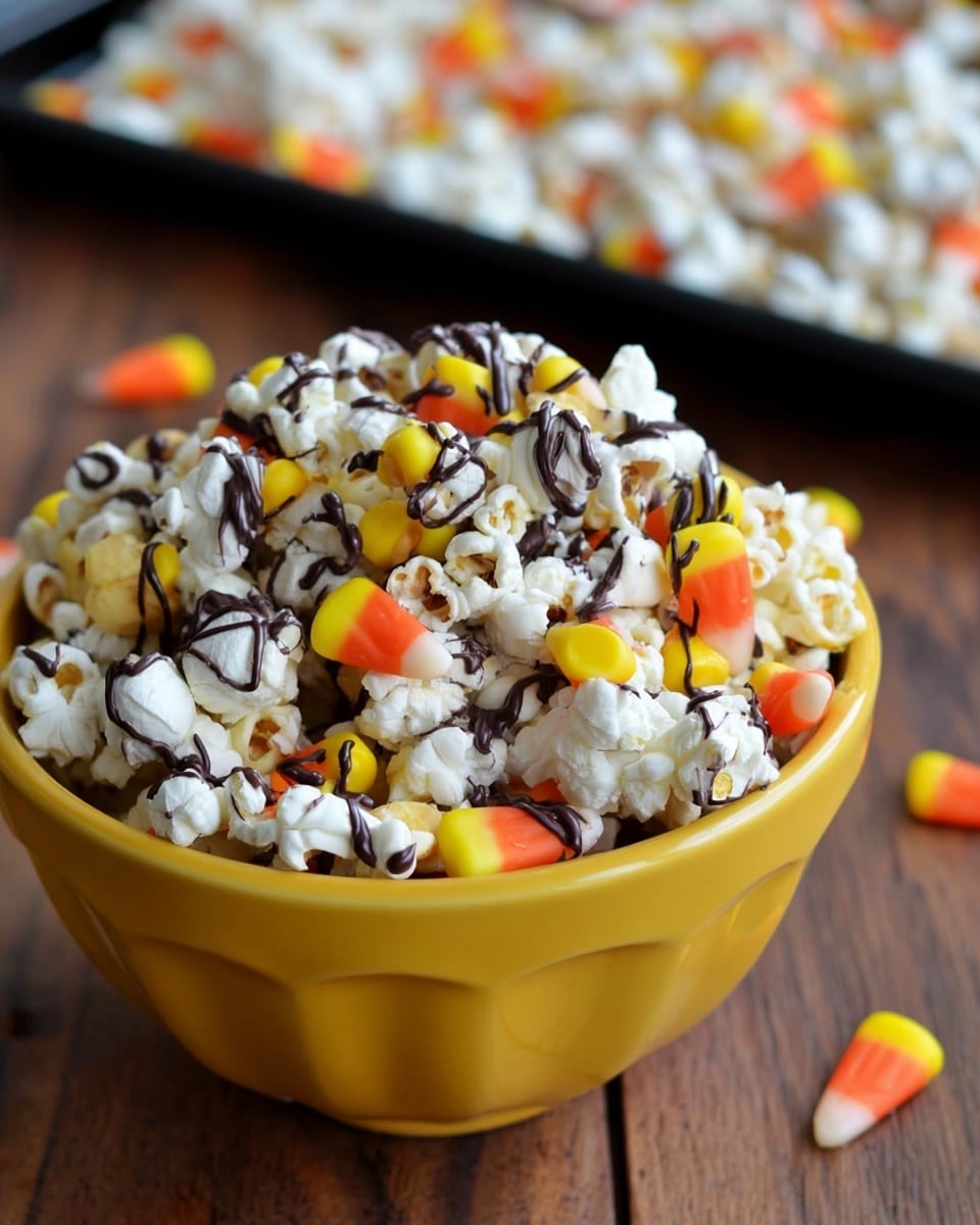 A yellow bowl filled with white popcorn mixed with orange, yellow, and white candy corn scattered throughout; dark chocolate drizzle is thinly and randomly spread on top of the popcorn and candy corn, creating small lines and spots of dark brown. The bowl sits on a wooden surface, and to the right of the bowl is a baking tray with more popcorn, candy corn, and chocolate drizzle. Photo taken with an iphone --ar 4:5 --v 7