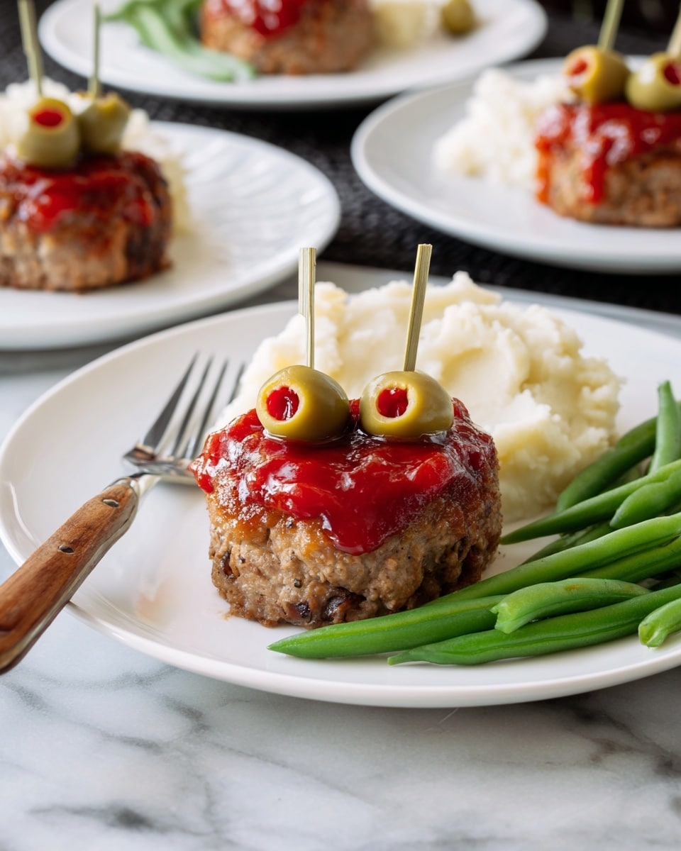 A white round plate on a white marbled surface holds a small round meatloaf muffin topped with a layer of bright red sauce. Two green olives with red centers are pierced with toothpicks and placed on top of the meatloaf as decoration. Behind it, there is a portion of creamy mashed potatoes with a soft texture, and on the right side of the plate, there is a small bunch of fresh green beans with a smooth surface. A fork with a wooden handle rests on the left side of the plate. In the background, you can see parts of other white plates with similar meatloaf muffins. Photo taken with an iphone --ar 4:5 --v 7