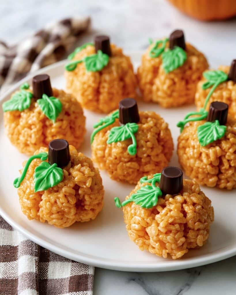 Pumpkin Rice Krispie Treats with Tootsie Roll Stems Recipe