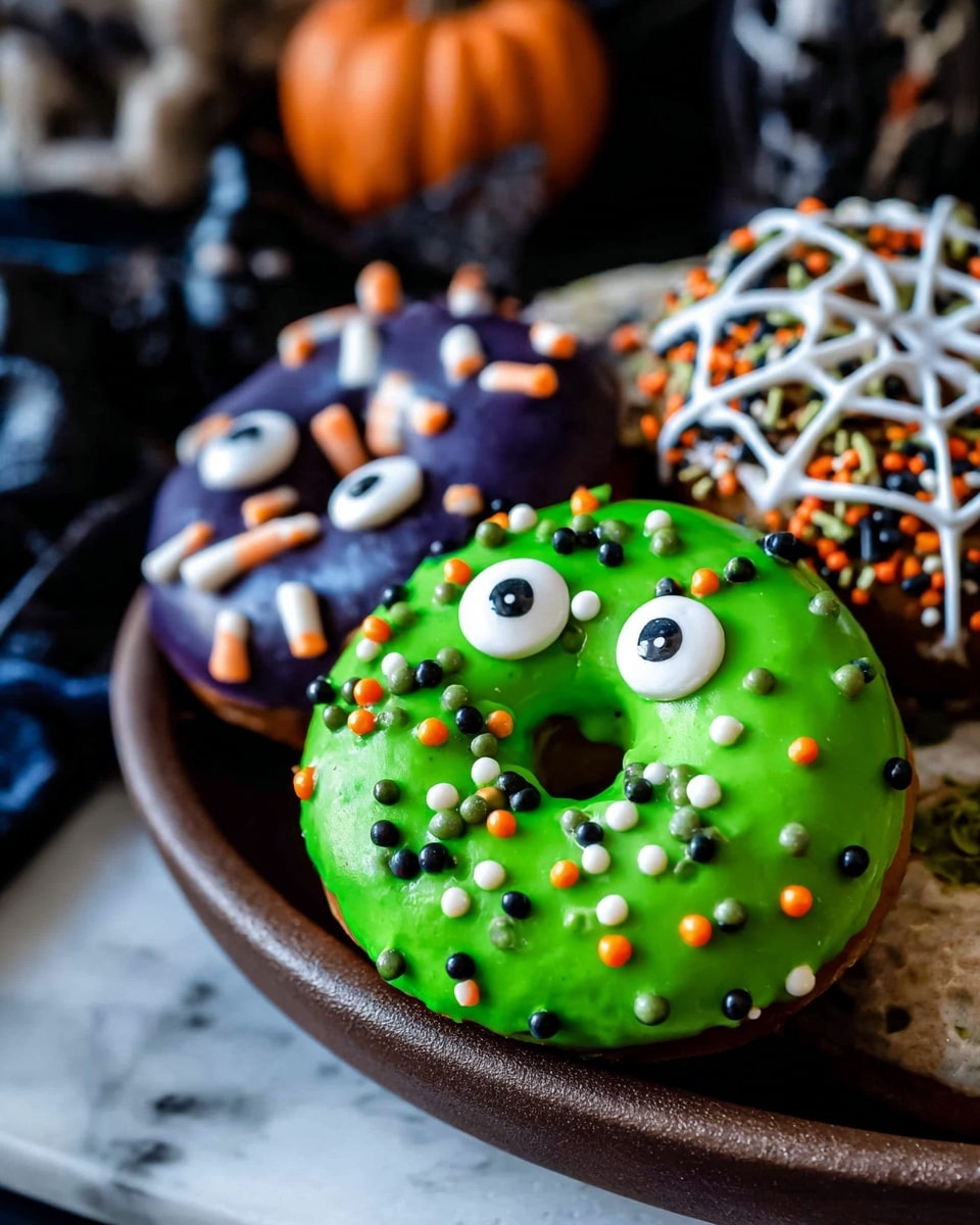 The image shows a variety of Halloween-themed donuts placed on a dark tray with a white marbled texture in the background. The front donut has a light brown glaze with white icing forming an open mouth shape, outlined with red icing that resembles dripping blood, and black icing representing hair at the top. Two large candy eyes are placed above the mouth. Behind it, there are green donuts covered in green icing with colorful sprinkles and large candy eyes, while another donut is covered in white icing with black spider web-like design and candy eyes. A purple donut is decorated with orange pumpkin shapes and candy eyes, adding to the spooky theme. Dark blue books and other Halloween decorations are blurred in the background. Photo taken with an iphone --ar 4:5 --v 7