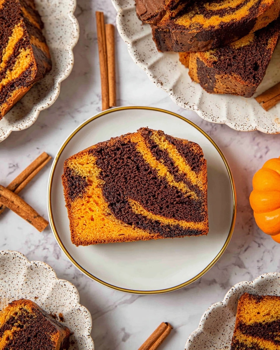 A slice of marble cake with two visible layers swirled together: a bright orange pumpkin layer and a dark brown chocolate layer. The cake slice shows a textured, moist crumb with the colors forming a wave pattern. It sits centered on a white plate with a gold rim. Around it, there are more slices of the same cake on white plates with speckled patterns and scalloped edges, all placed on a white marbled surface. Some cinnamon sticks and a small orange pumpkin are near the plates, adding a cozy autumn feel. photo taken with an iphone --ar 4:5 --v 7