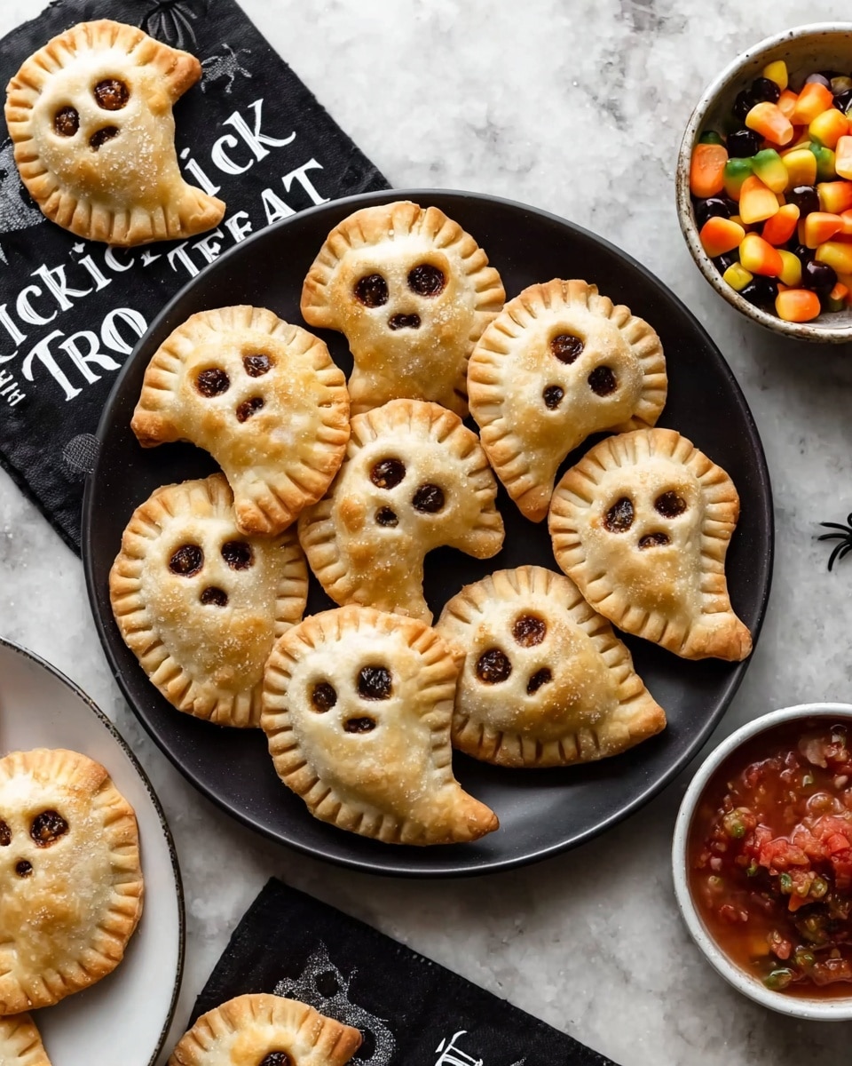 A pile of small, ghost-shaped hand pies with a golden brown crust sits on a white plate, each pie having a small round cut-out 'eye' hole near the top. The edges of the pies are crimped with fork marks, showing the two crust layers sealed together, slightly puffed with a glossy finish. The white plate contrasts with the warm color of the pies, and the background is a white marbled surface. photo taken with an iphone --ar 4:5 --v 7