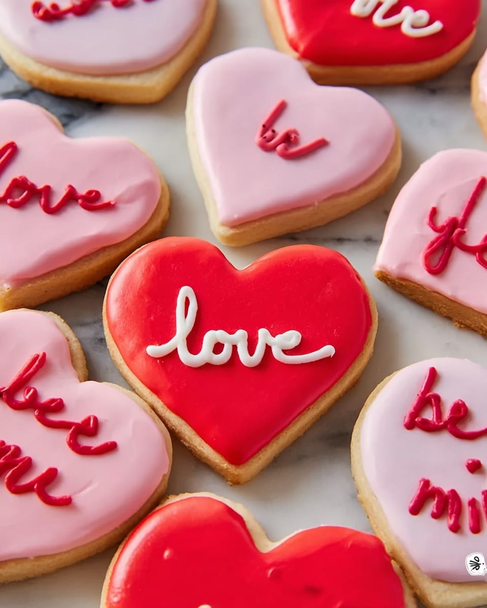 The image shows several heart-shaped cookies stacked close together on a white marbled surface. Each cookie has two layers: a smooth, thick base layer of icing in either bright red or soft pink that covers the entire top surface of the cookie, and a raised layer of contrasting colored icing used to write different words or small shapes like hearts. The words include