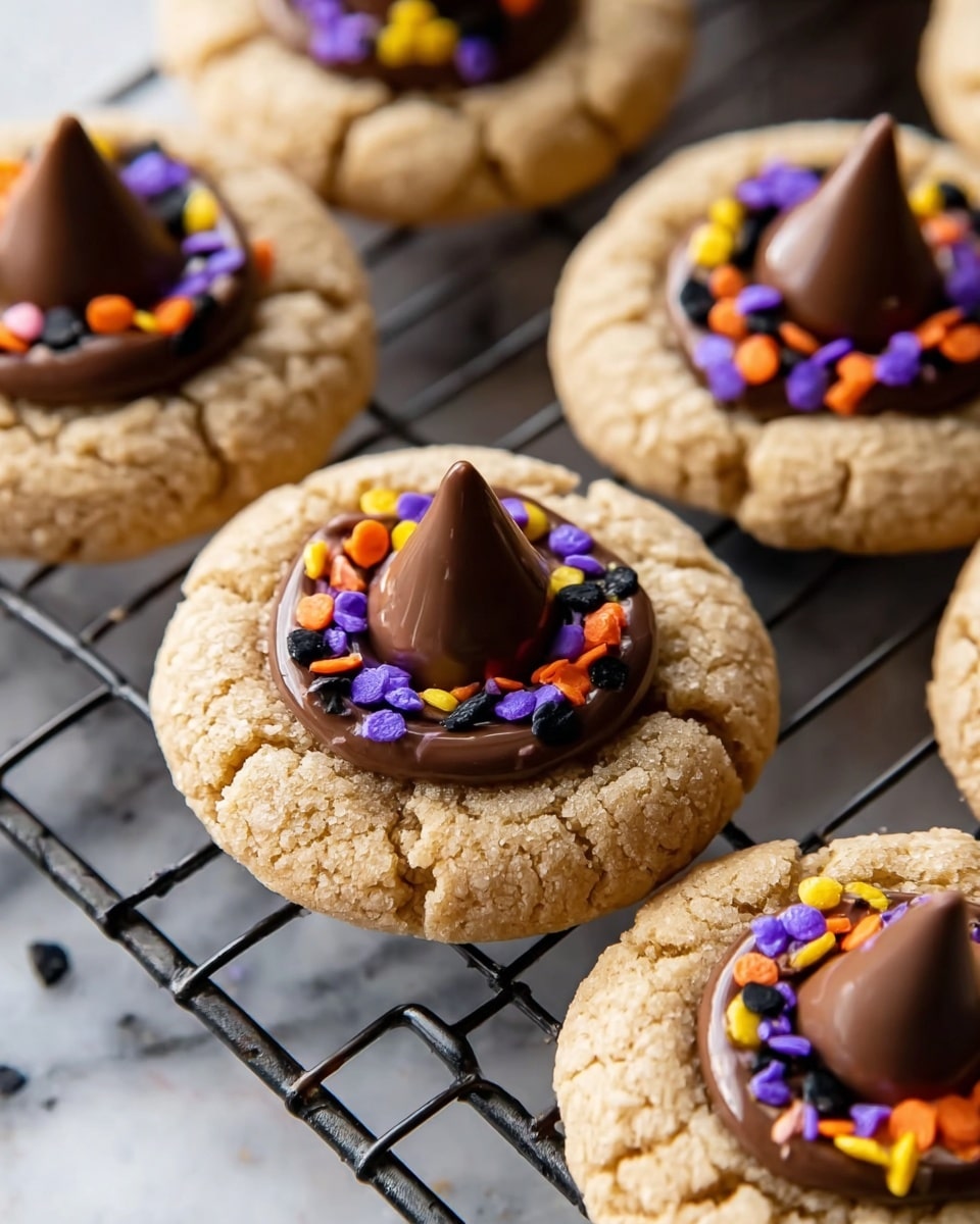 The image shows several round cookies with a rough, cracked light brown surface. Each cookie has a central layer of smooth dark chocolate spread that looks slightly shiny. On top of the chocolate layer, there is a small circle of colorful sprinkles in orange, purple, yellow, and black. At the very center of each cookie sits a raised, conical piece of solid chocolate that is darker and smooth. The cookies rest closely together on a black metal cooling rack, which sits on a white marbled surface. photo taken with an iphone --ar 4:5 --v 7