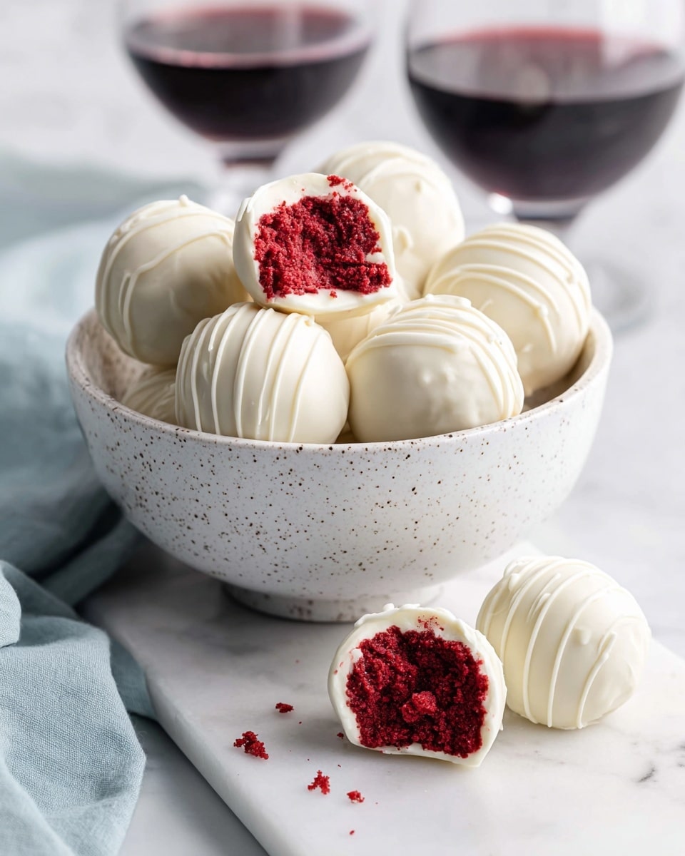 A white speckled bowl filled with round truffles all coated in smooth white chocolate with delicate white chocolate drizzles on top, showing one truffle on the rim with its bright red, moist, crumbly inside exposed by a bite; in front of the bowl, two more truffles rest on a white marbled surface, one whole and one bitten open to reveal the same red interior, next to a pale blue cloth and blurred glasses filled with dark red wine in the background, photo taken with an iphone --ar 4:5 --v 7
