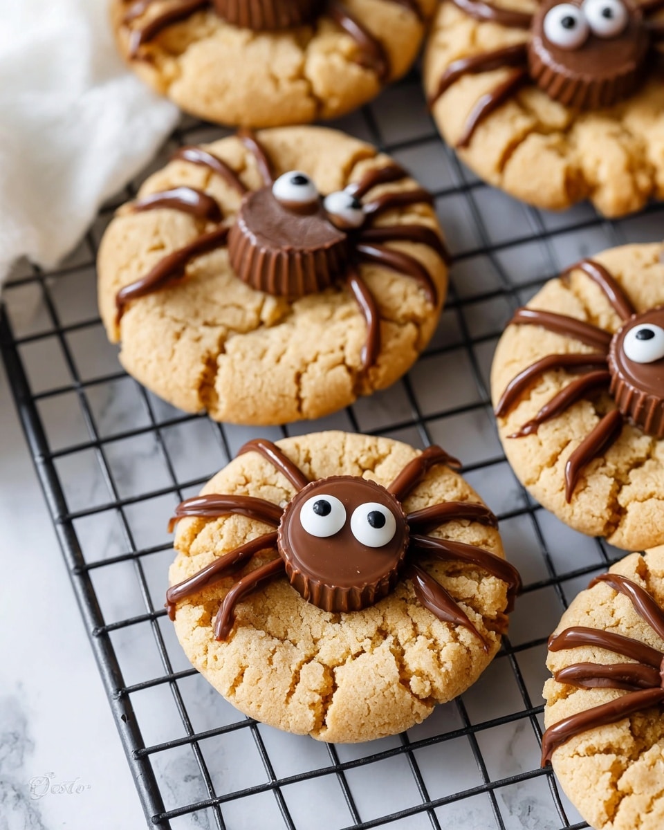 The image shows round cookies with a rough, cracked light brown surface as the base layer. Each cookie has a smooth, shiny brown chocolate piece placed in the center as the second layer. Around this chocolate center, eight dark brown lines resembling spider legs are drawn with chocolate frosting, creating the third layer. Two white candy eyes with black pupils sit close together beside the chocolate center on the cookie surface, forming the final layer. The cookies are placed on a black cooling rack with a white marbled texture underneath. The background is soft white fabric, and some extra candy eyes are scattered around. Photo taken with an iphone --ar 4:5 --v 7