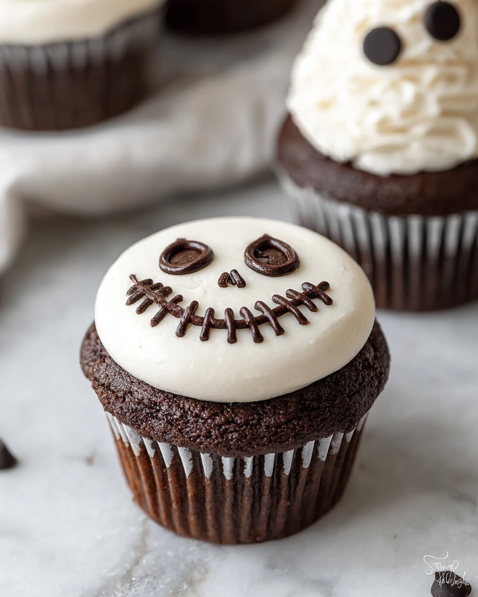 A single chocolate cupcake sits on a white marbled surface. It has two layers: the base is dark brown cake with a moist texture, and on top, a thick, smooth layer of white frosting is evenly spread flat. Dark chocolate icing decorates the top in the shape of a spooky face, with two round eyes, a small nose between them, and a wide stitched smile made of short vertical lines connected by a curved horizontal line. In the background, there is a blurred chocolate cupcake with a tall swirl of white frosting topped with two small, round dark chocolate pieces resembling eyes. Photo taken with an iphone --ar 4:5 --v 7