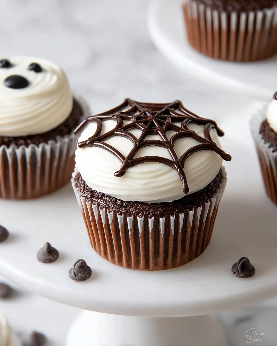 A single chocolate cupcake sits on a white cake stand with a smooth white frosting layer topped with a spider web pattern made from thin lines of dark chocolate. The cupcake liner is brown and gently ridged. Nearby, another cupcake shows white frosting with a simple chocolate face design, and a few scattered chocolate chips are on the white cake stand. The background features a white marbled texture, giving a clean and bright look. photo taken with an iphone --ar 4:5 --v 7