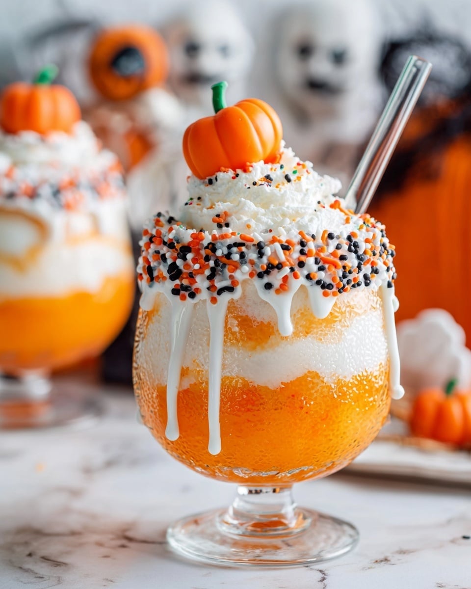 This image shows a Halloween-themed layered drink in a clear glass with a stem. The bottom layer is a creamy, light orange color with a frothy texture. On top of that is a bright orange layer with a thicker, slightly rough texture. Resting on the orange layer is a dollop of white cream shaped like a ghost. The rim of the glass is coated with white frosting and decorated with orange, black, and white sprinkles, including small round black-and-white eyeball shapes. A clear straw is inserted into the drink, and next to it is a tiny orange pumpkin decoration on a toothpick. The background is a white marbled surface. Photo taken with an iphone --ar 4:5 --v 7